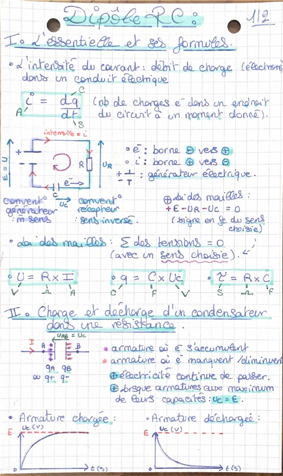 # Dipole RC:

I. L'essentielle et ses formules.

112

• L'intensité de carant: debit de charge (électrons,
dons un conduit électrique

A
C
$