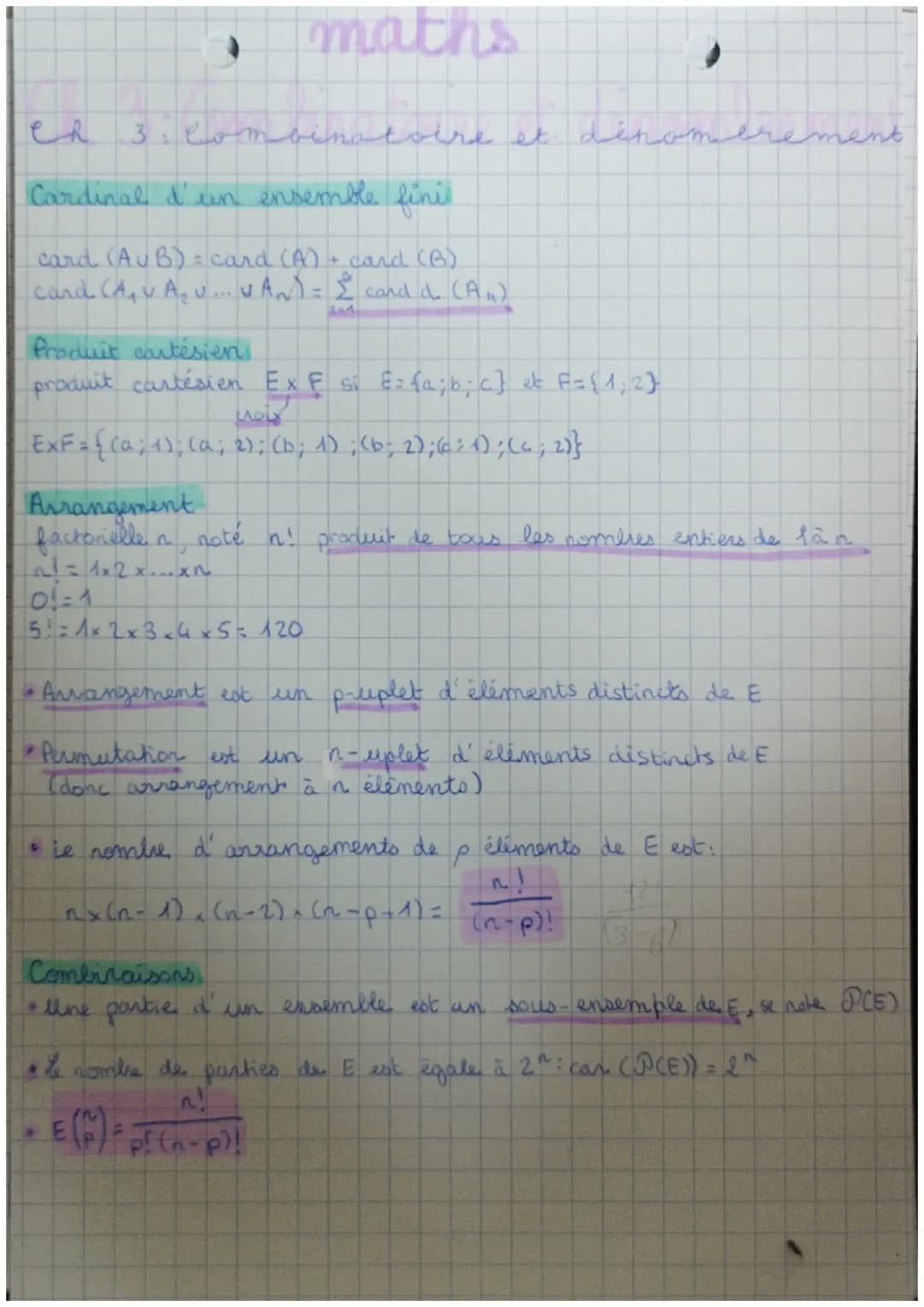 maths
Ch 3: Combinatoire et dénombre
Cardinal d'un ensemble finit
card (AUB) card (A)
+ card (B)
card (A, VA₂ U... VAN) = Σ card & (A.)
Prod