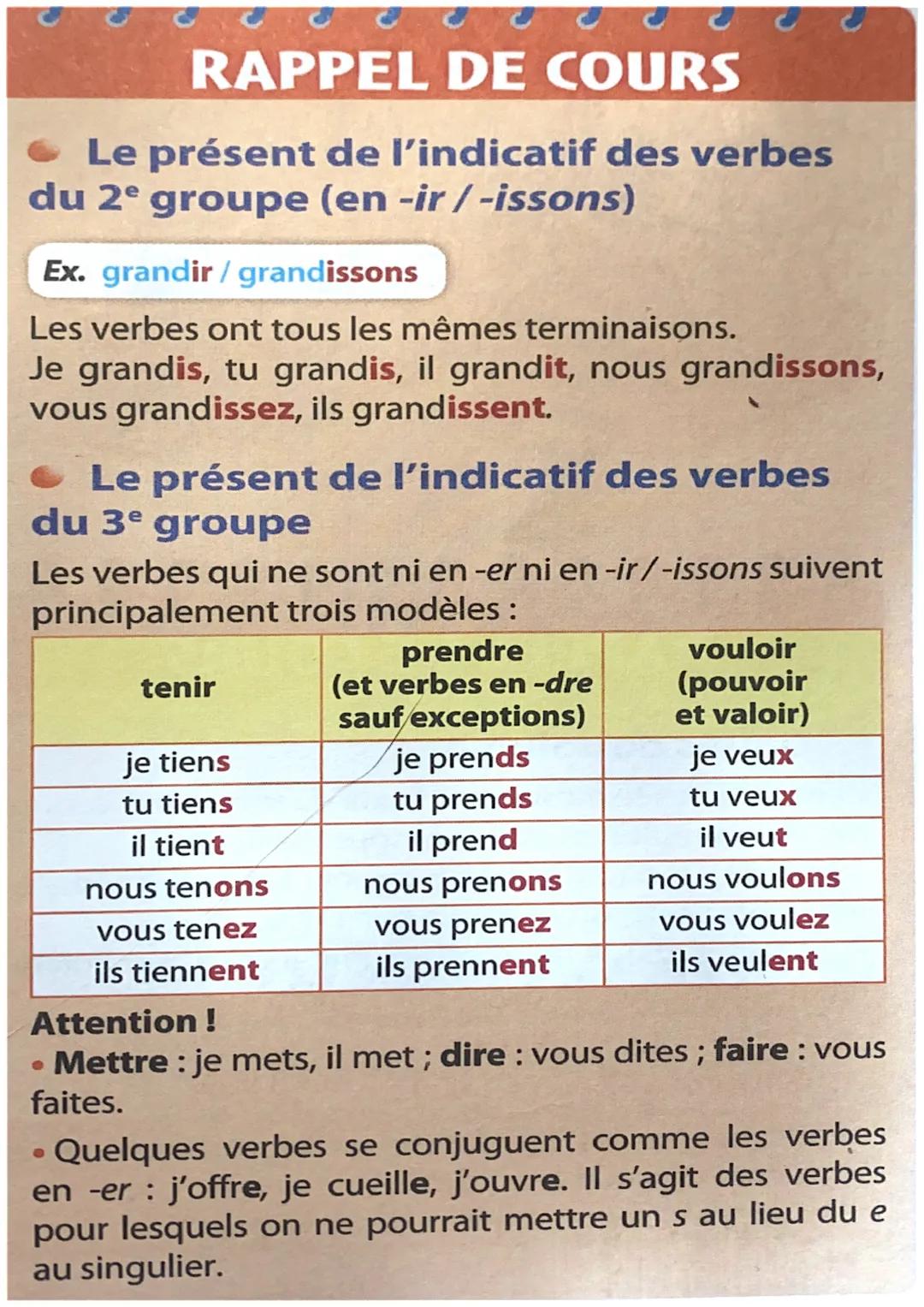 RAPPEL DE COURS
Le présent de l'indicatif des verbes
du 2e groupe (en -ir/-issons)
Ex. grandir / grandissons
Les verbes ont tous les mêmes t