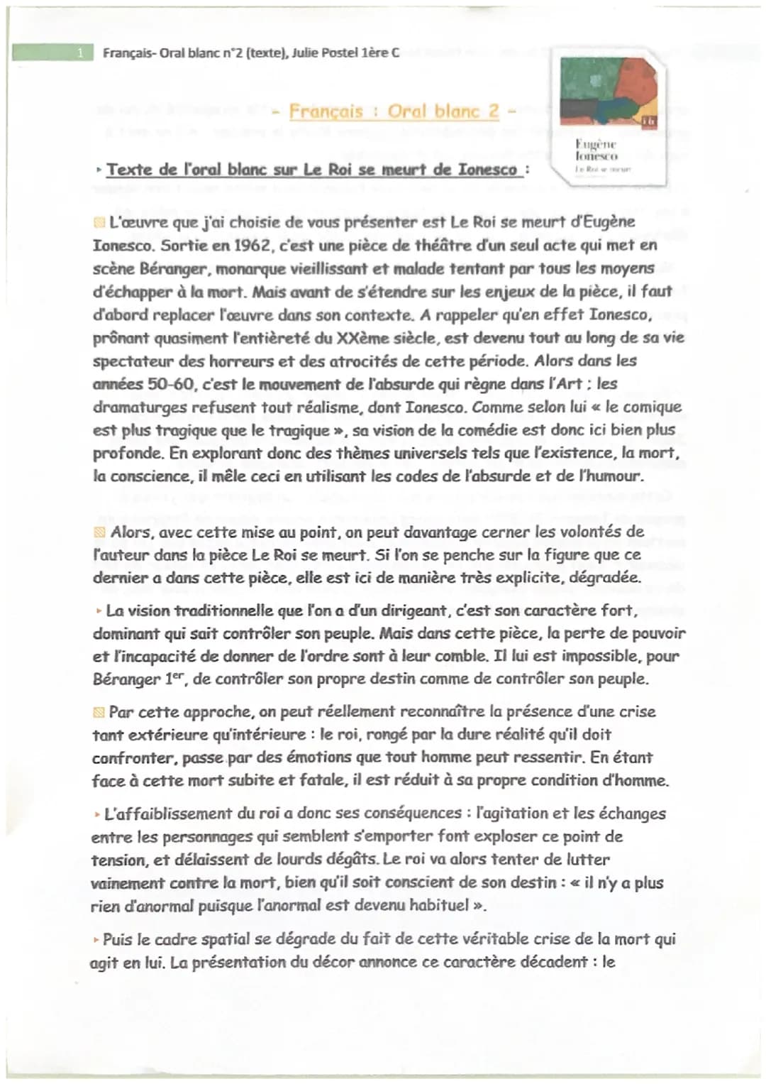 ▸
Français-Oral blanc n°2 (texte), Julie Postel 1ère C
- Français : Oral blanc 2 -
Texte de l'oral blanc sur Le Roi se meurt de Ionesco:
Eug