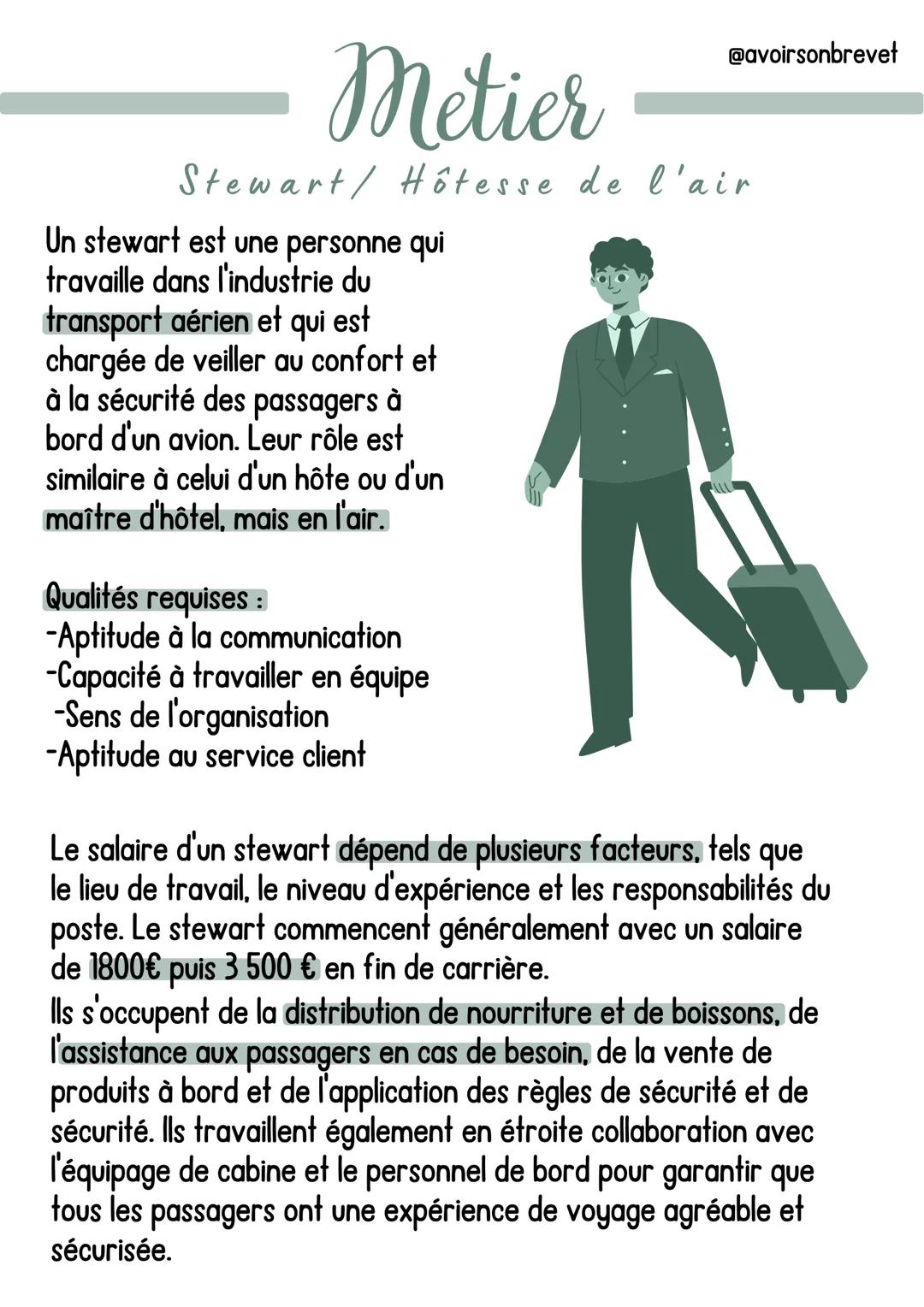 Metier
Stewart/ Hôtesse de l'air
Un stewart est une personne qui
travaille dans l'industrie du
transport aérien et qui est
chargée de veille