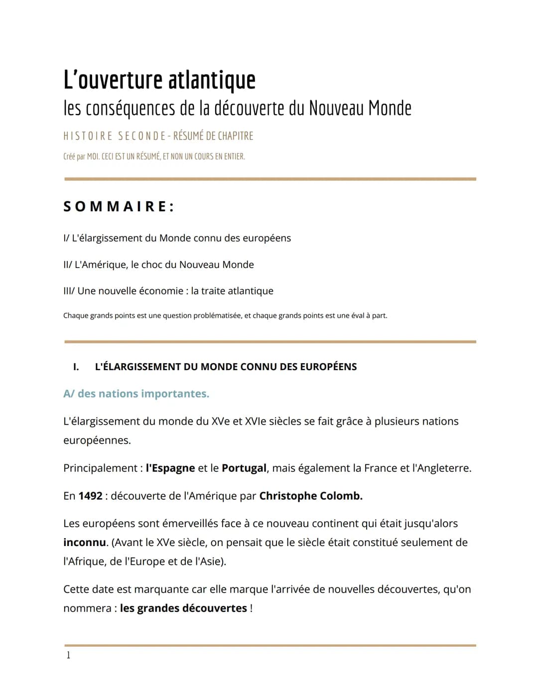 L'ouverture atlantique
les conséquences de la découverte du Nouveau Monde
HISTOIRE SECONDE - RÉSUMÉ DE CHAPITRE
Créé par MOI. CECI EST UN RÉ