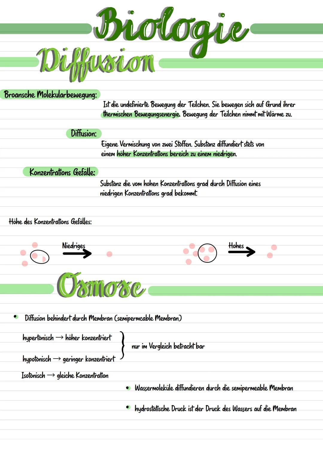 # Biologie

# Diffusion

Broansche Molekularbewegung:

Diffusion:

Konzentrations Gefälle:

Höhe des Konzentrations Gefälles:

Niedriges

Is