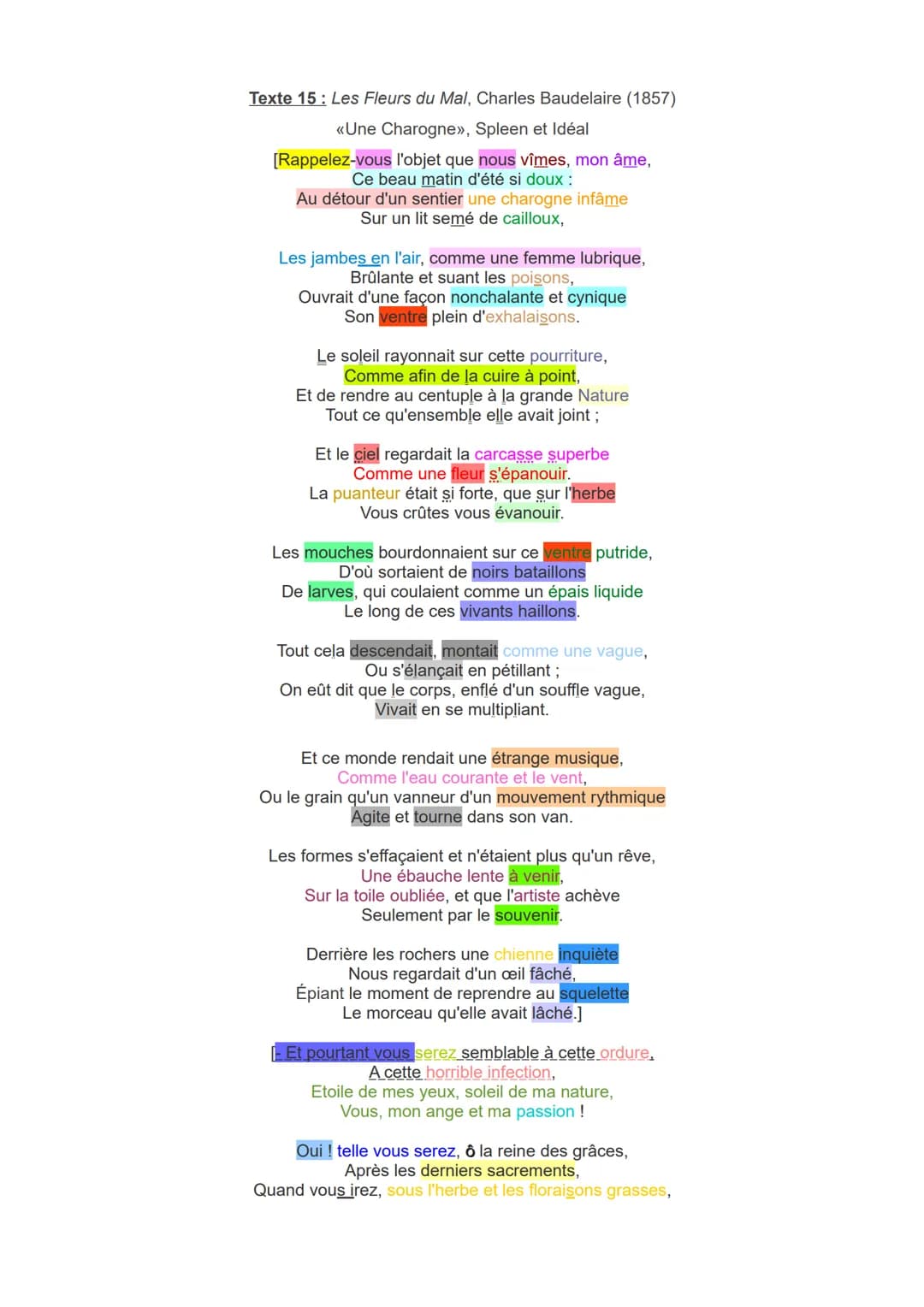 Texte 15 : Les Fleurs du Mal, Charles Baudelaire (1857)
<<Une Charogne», Spleen et Idéal
[Rappelez-vous l'objet que nous vîmes, mon âme,
Ce 