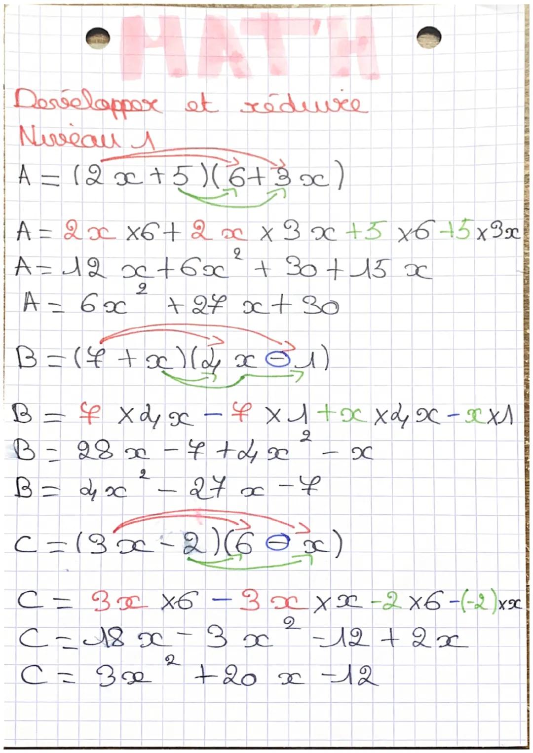 HAT
Developper et réduire
Niveau 1
A = (2x + 5)( 6+ 3x)
A = 2xx6+ 2x x 3 x +3 x6 +5x3x
2
A =12x+6x² + 30+ 15 x
2
A = 6x
+24 x + 30
B = (4 + 