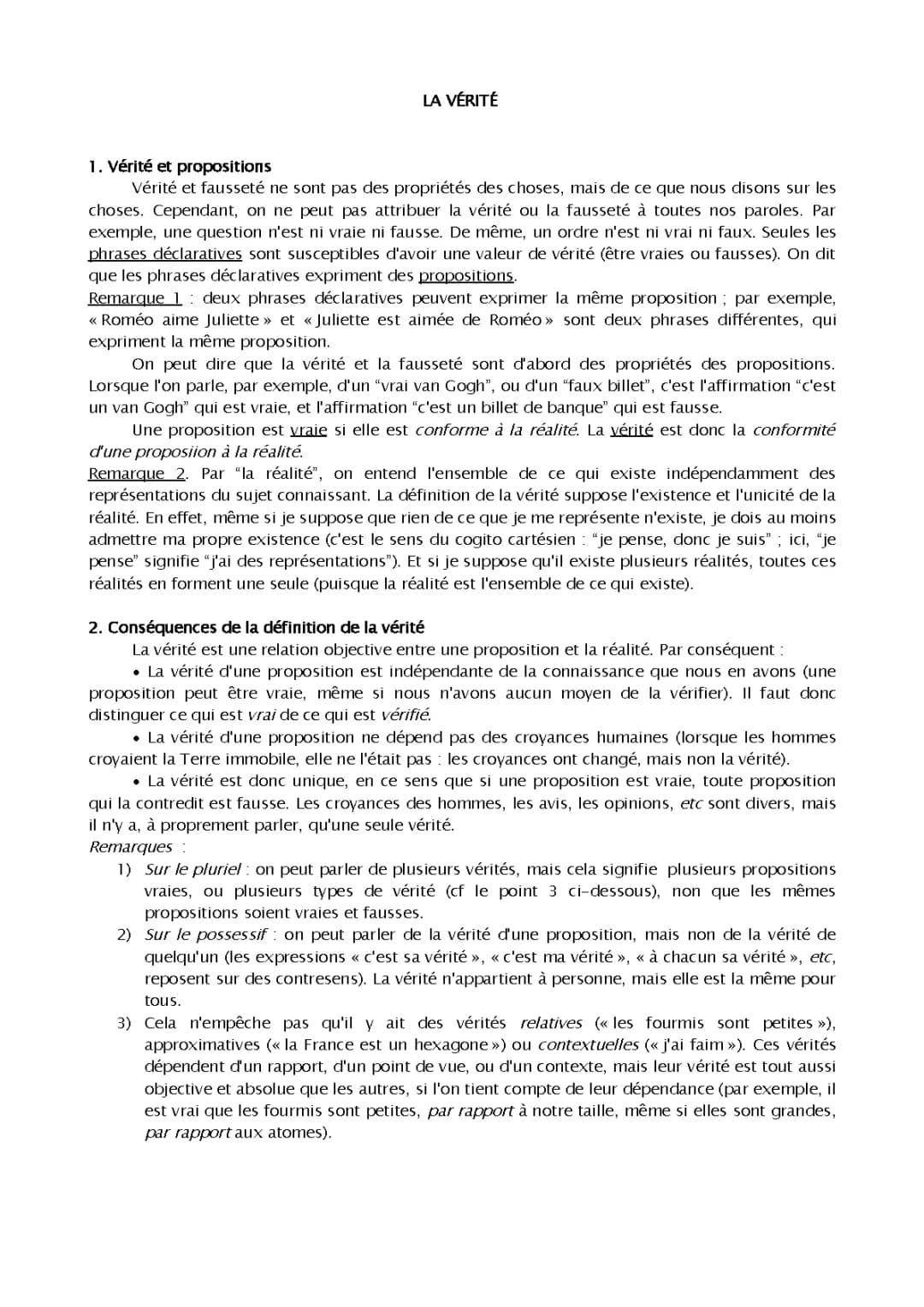 La Vérité en Philosophie: Sujet Corrigé et Cours PDF