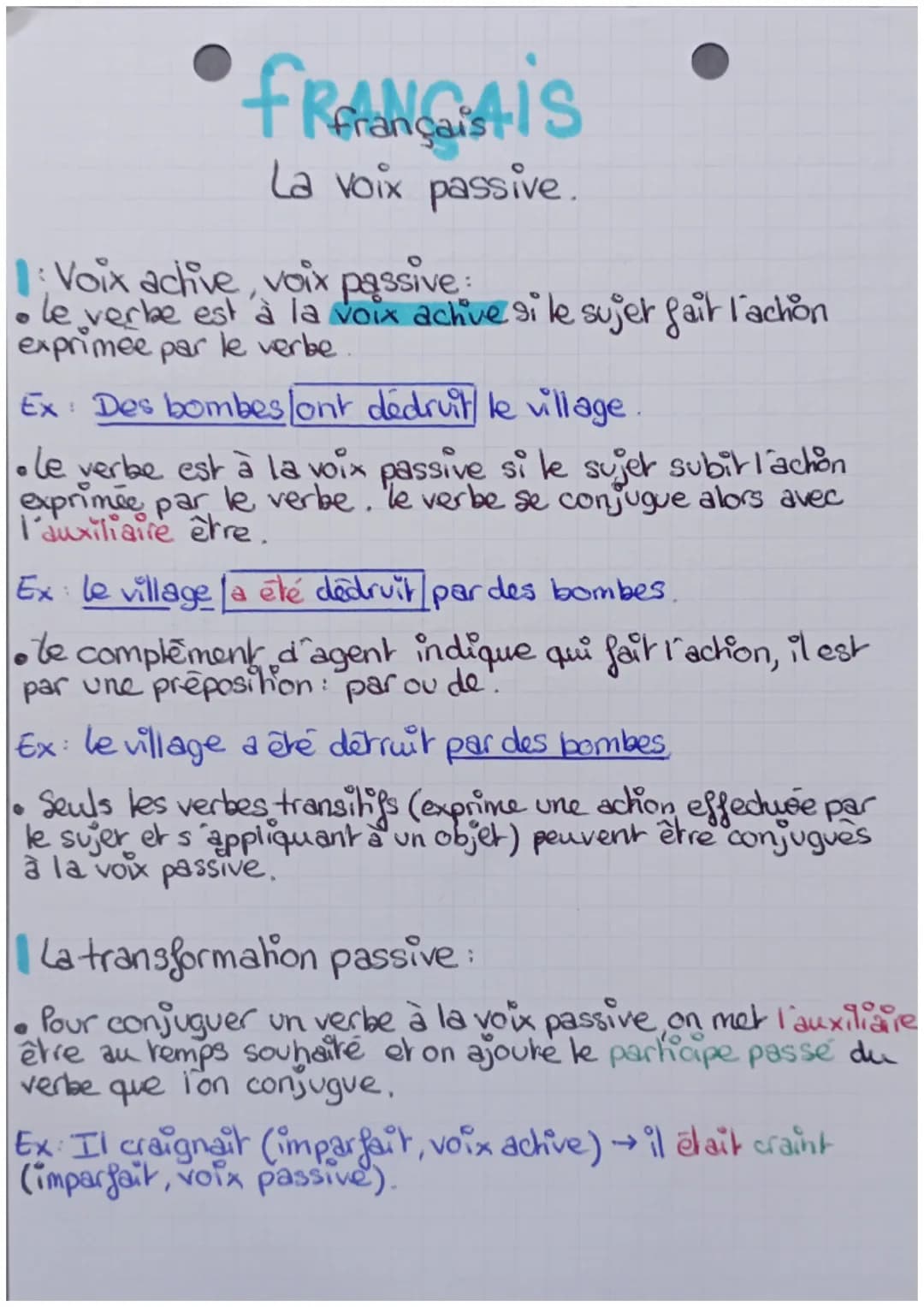 français
La voix passive.
Voix achive, voix passive:
• le verbe est à la voix active si le sujet fait l'achion
exprimée par le verbe
Ex: Des