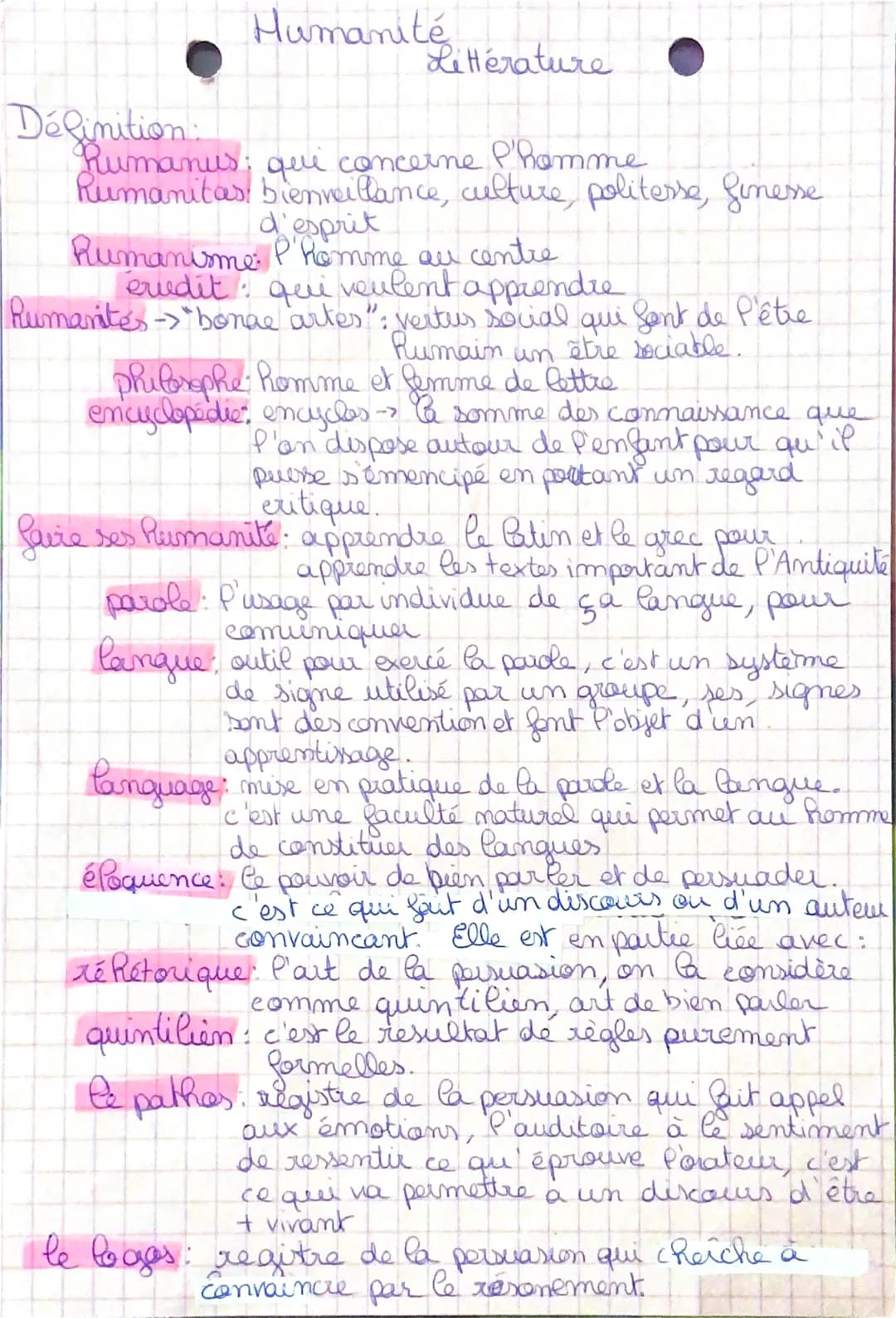 Humanité
Littérature
Définition:
Rumanus: qui concerne P'homme
Rumanitas bienveillance, culture, politesse, finesse
d'esprit
Rumanisme P'hom