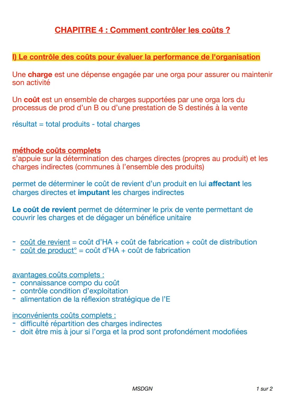 CHAPITRE 4: Comment contrôler les coûts ?
I) Le contrôle des coûts pour évaluer la performance de l'organisation
Une charge est une dépense 