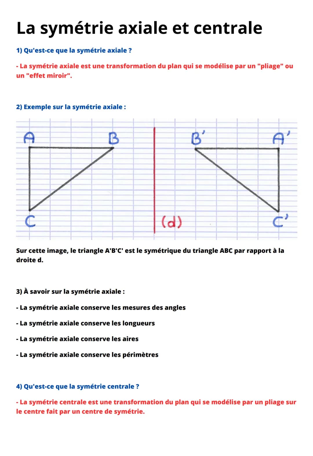 La symétrie axiale et centrale
1) Qu'est-ce que la symétrie axiale ?
- La symétrie axiale est une transformation du plan qui se modélise par