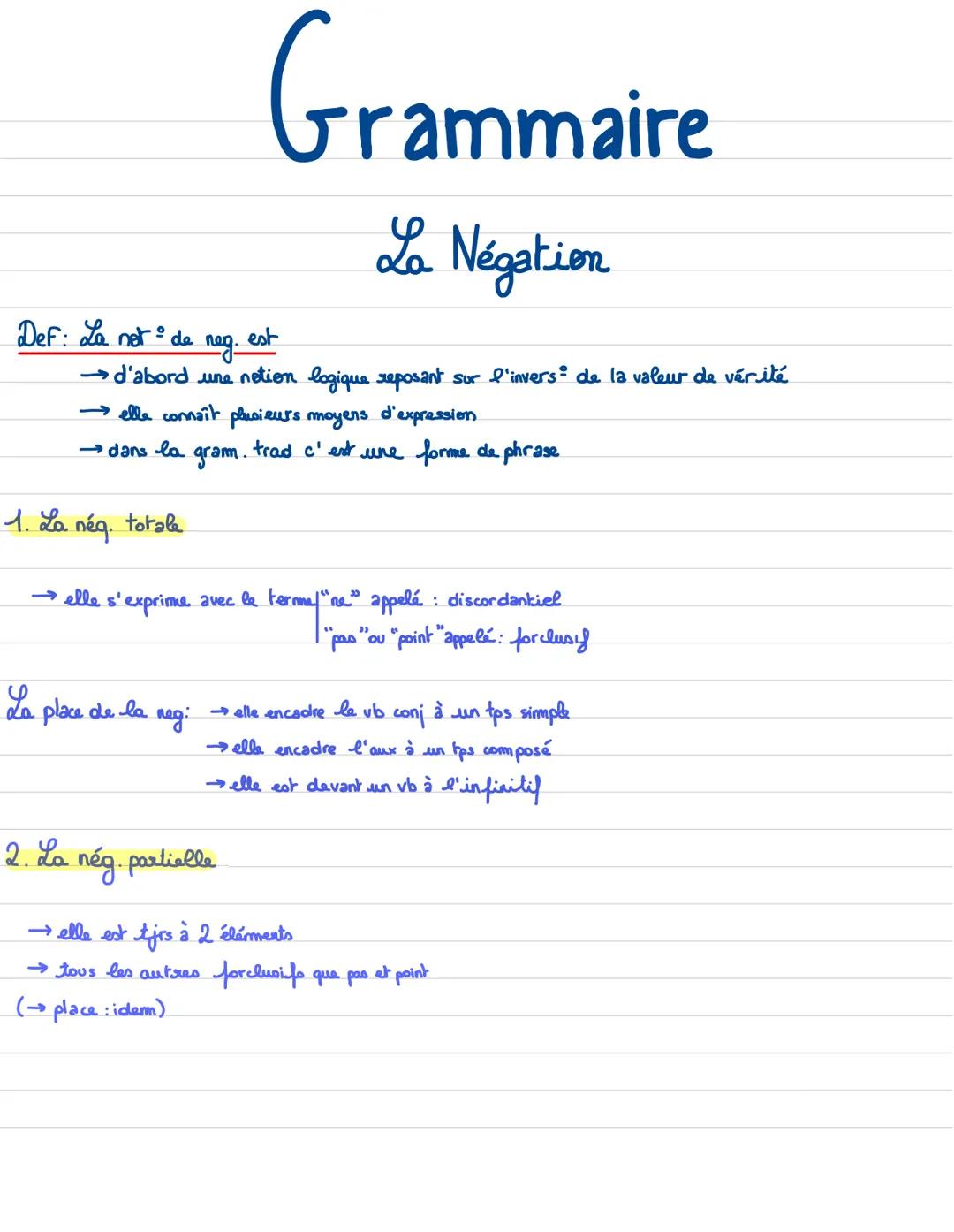 # Grammaire

La Négation

Def: La not de neg. est

→d'abord une netion logique reposant sur l'invers de la valeur de vérité

→elle connaît p