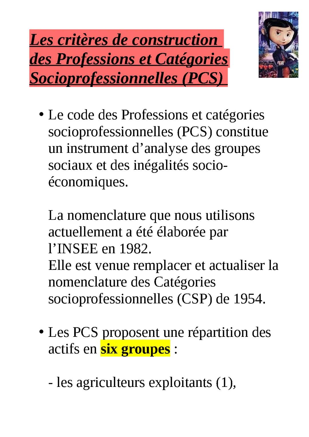 Critère de construction des PCS et Exemples de Catégories Socioprofessionnelles (PCS) SES