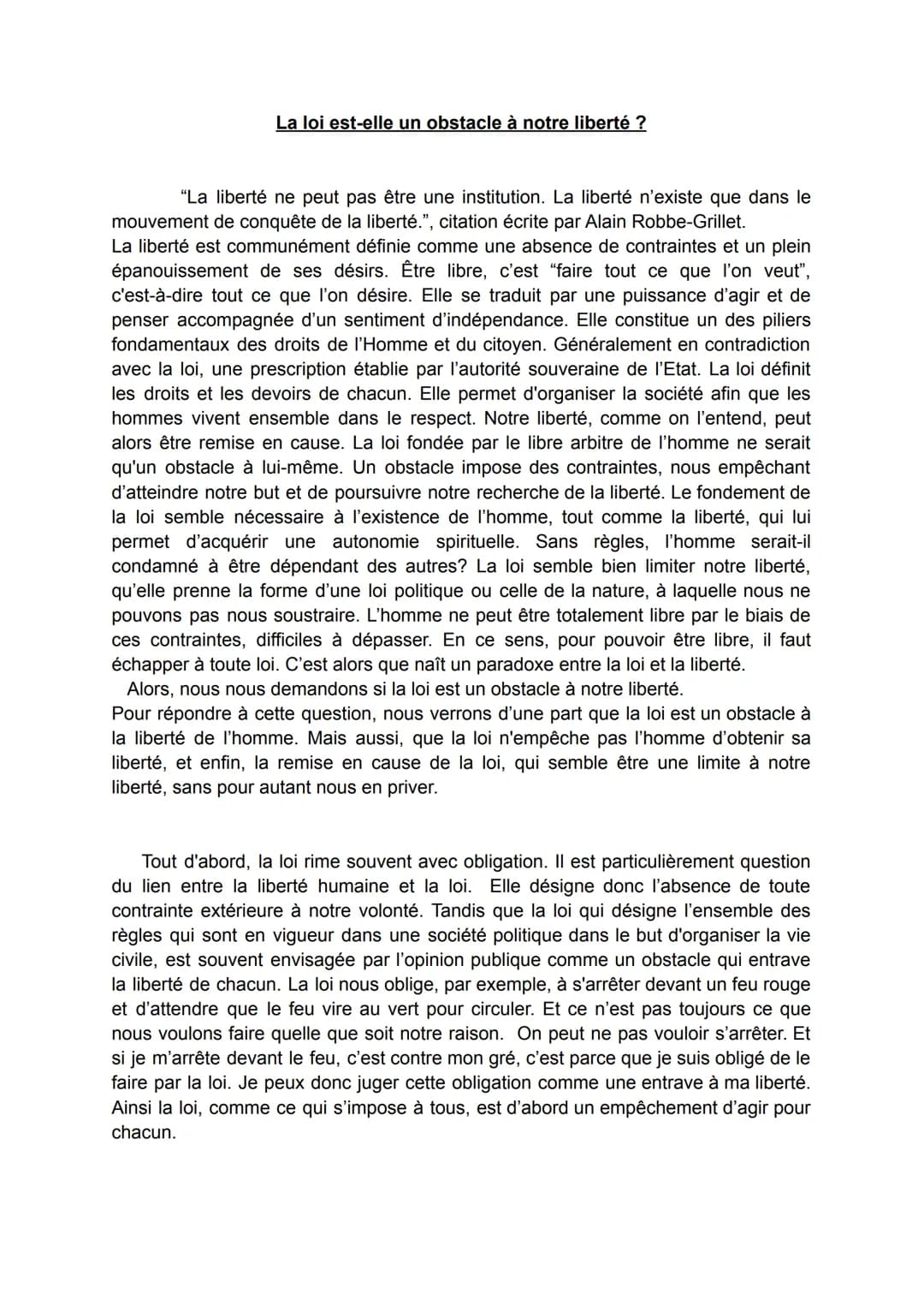 I.
II.
III.
La loi est-elle un obstacle à notre liberté ?
Oui, la loi est un obstacle à notre liberté:
a. La loi est une contrainte, elle no