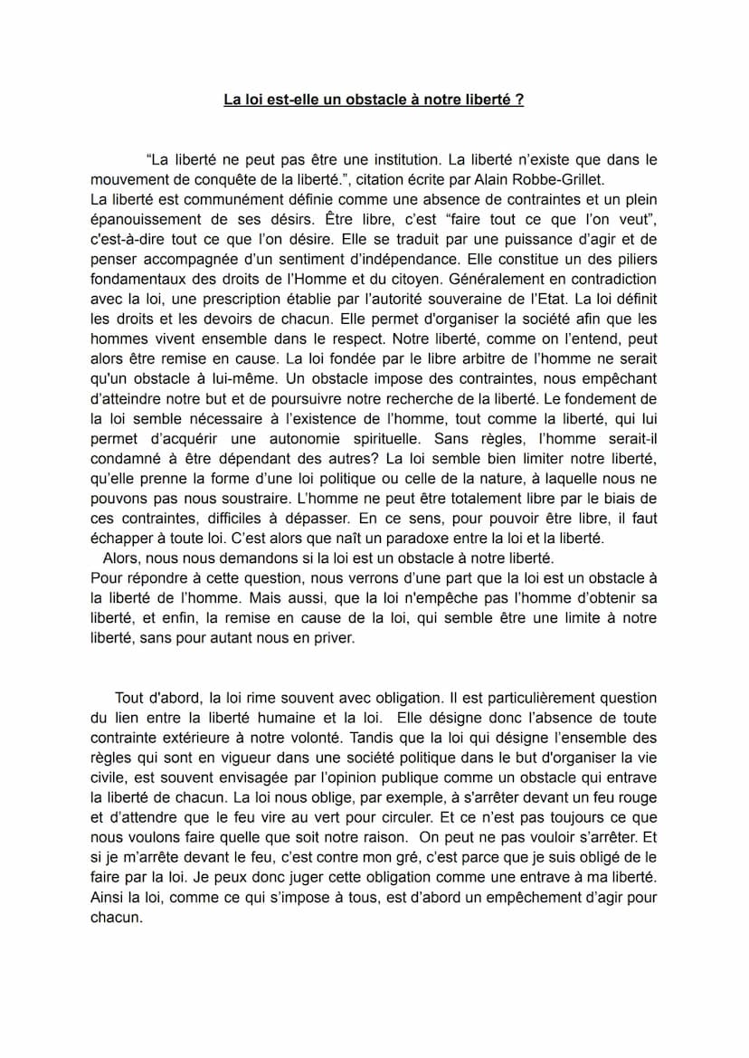 I.
II.
III.
La loi est-elle un obstacle à notre liberté ?
Oui, la loi est un obstacle à notre liberté:
a. La loi est une contrainte, elle no