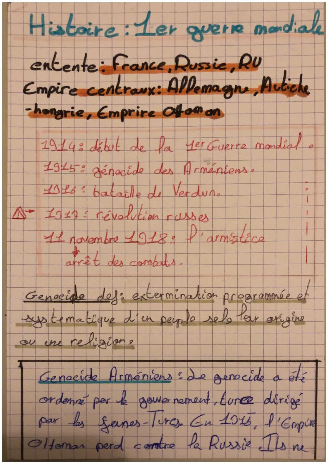 Histoire : Ler guerre mondiale
entente: France, Russie, RU
Empire centraux: Allemagne, Autiche
-hongrie, Emprire affom on
1914: début de la 