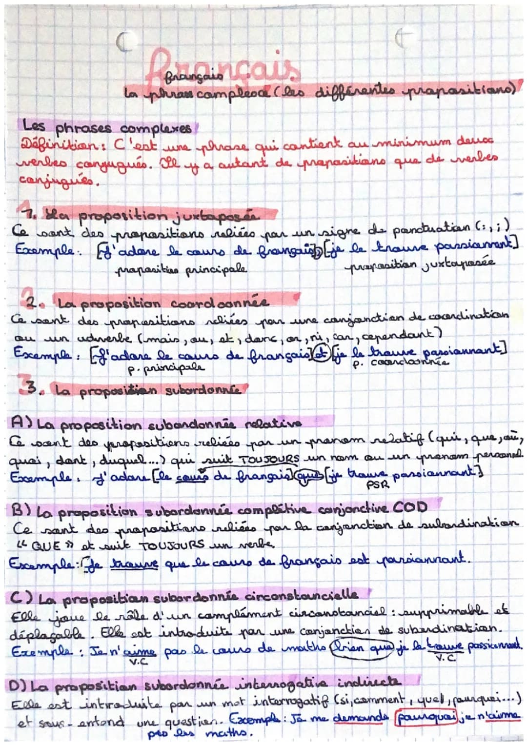françaincais
La phrase complesse (les différentes propositions)
Les phrases complexes
Définition: C'est une phrase qui contient au minimum d