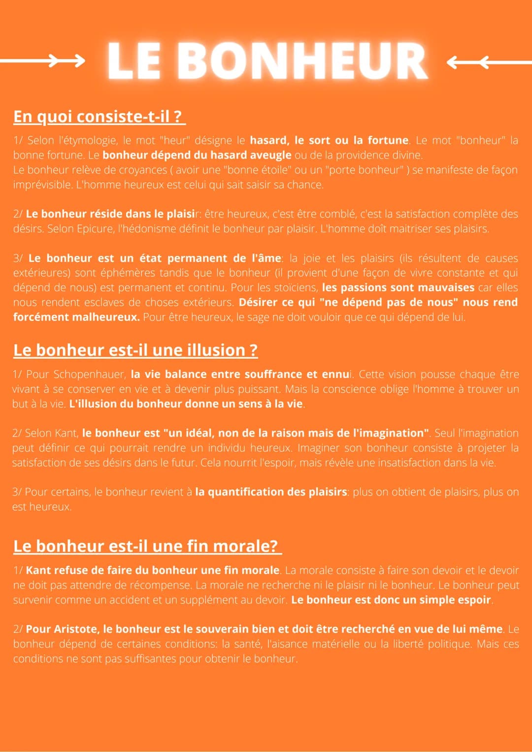 LE BONHEUR
En quoi consiste-t-il ?
1/ Selon l'étymologie, le mot "heur" désigne le hasard, le sort ou la fortune. Le mot "bonheur" la
bonne 