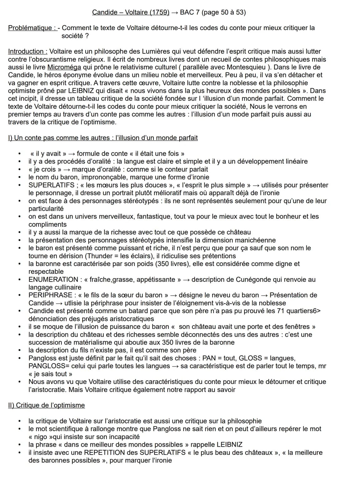 Candide Voltaire (1759) → BAC 7 (page 50 à 53)
Problématique : - Comment le texte de Voltaire détourne-t-il les codes du conte pour mieux cr