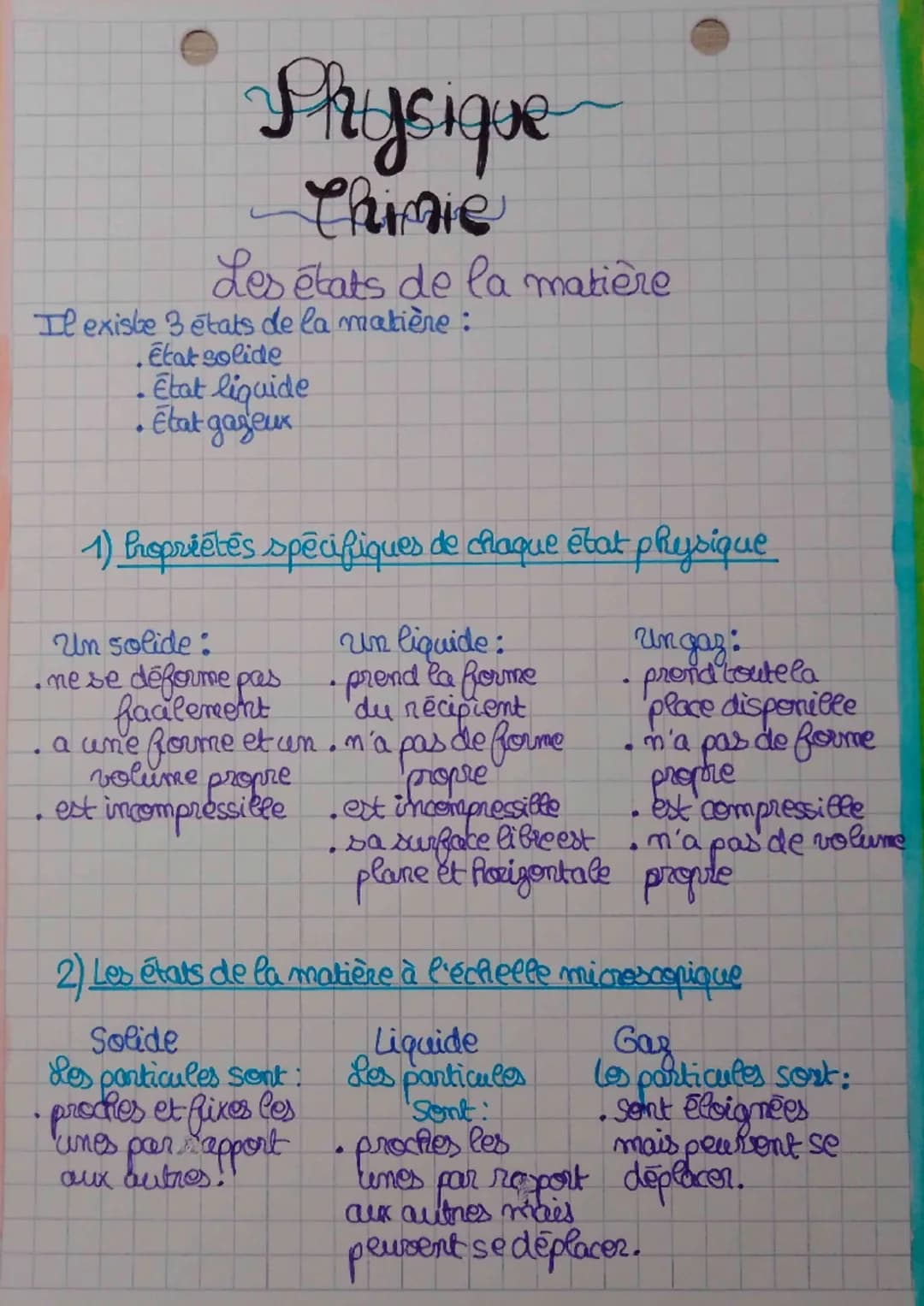 Physique
frie
Les états de la matière
Il existe 3 états de la matière :
.Etat solide
. Etat liquide
• État gazeux
•
1) Proprietes spécifique