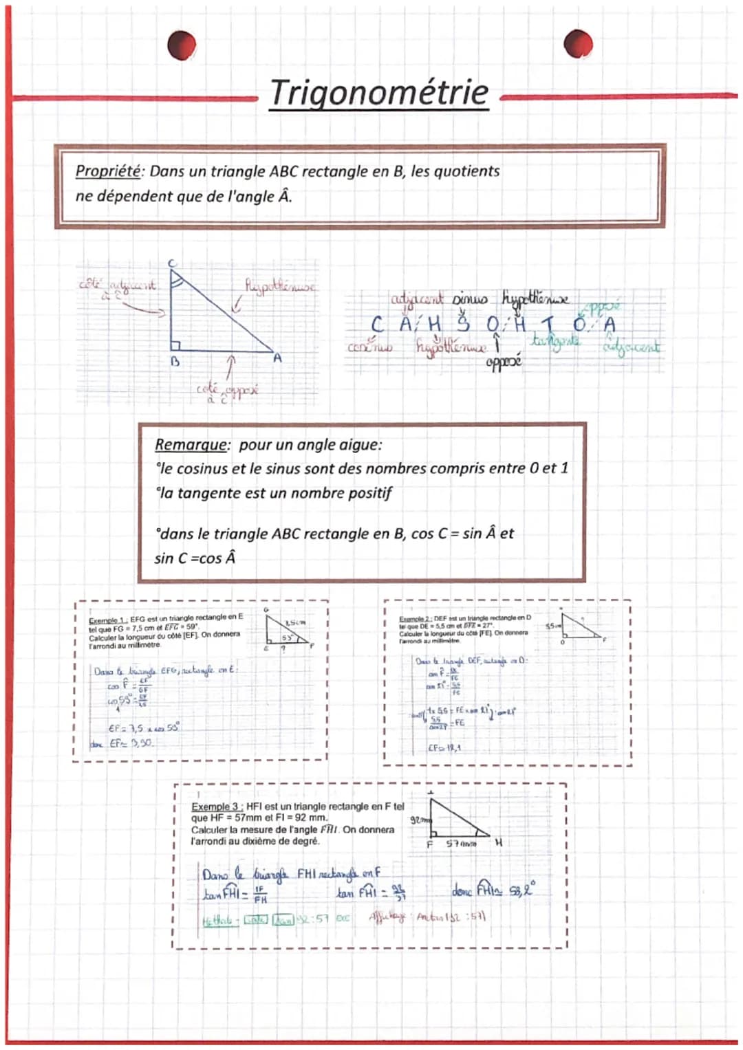 Trigonométrie
Propriété: Dans un triangle ABC rectangle en B, les quotients
ne dépendent que de l'angle Â.
côté adjacent
☐
B
Pypothen
alube
