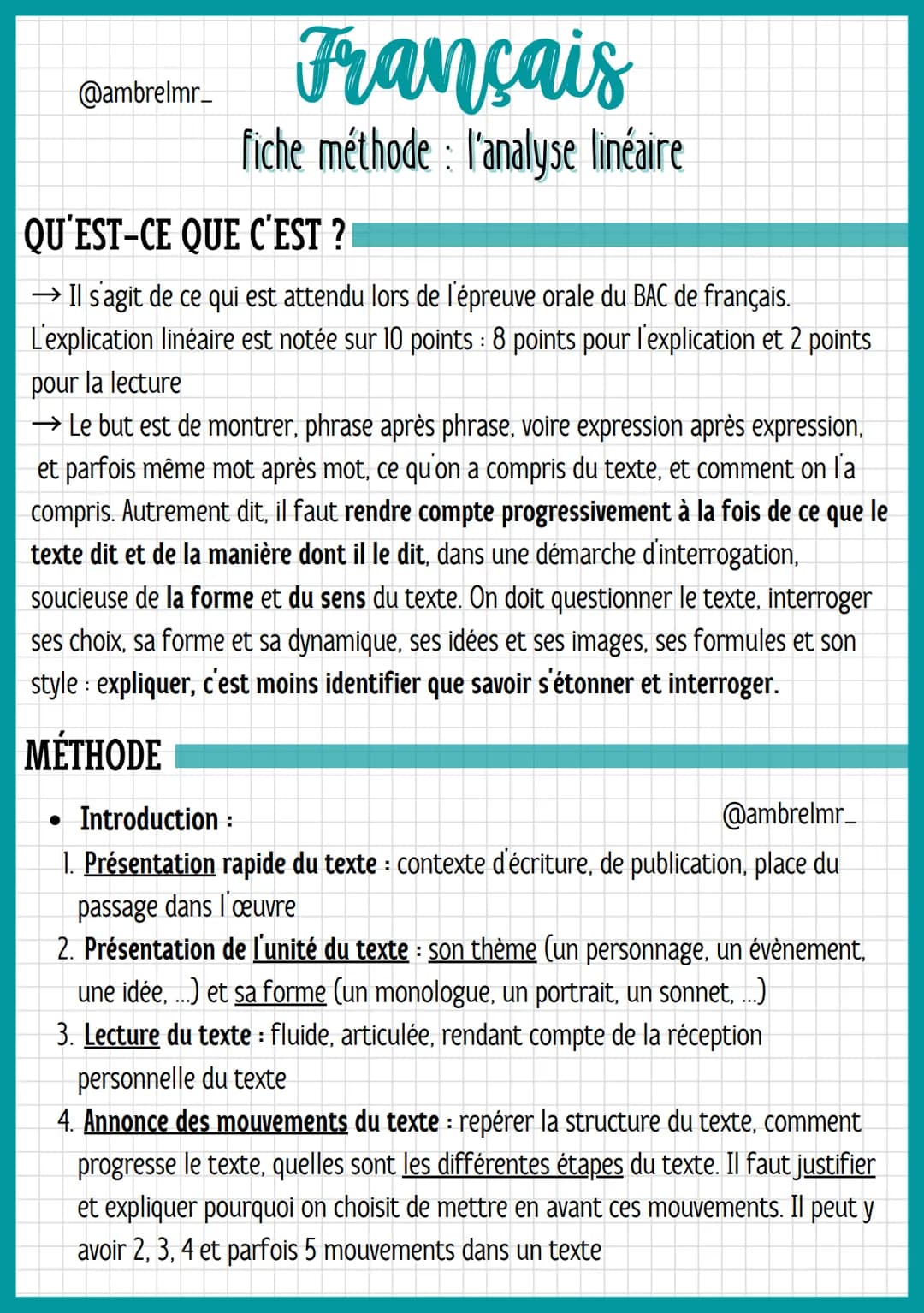 @ambrelmr_
Français
fiche méthode: l'analyse linéaire
QU'EST-CE QUE C'EST ?
→ Il s'agit de ce qui est attendu lors de l'épreuve orale du BAC