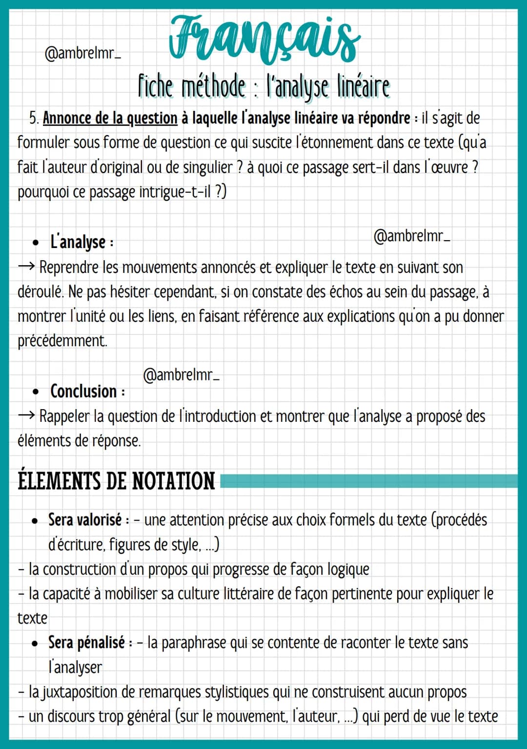 @ambrelmr_
Français
fiche méthode: l'analyse linéaire
QU'EST-CE QUE C'EST ?
→ Il s'agit de ce qui est attendu lors de l'épreuve orale du BAC