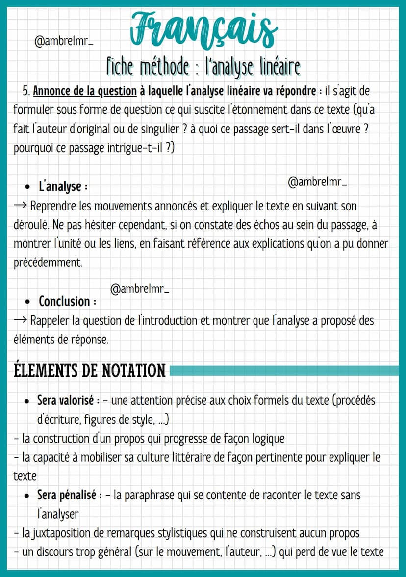 @ambrelmr_
Français
fiche méthode: l'analyse linéaire
QU'EST-CE QUE C'EST ?
→ Il s'agit de ce qui est attendu lors de l'épreuve orale du BAC