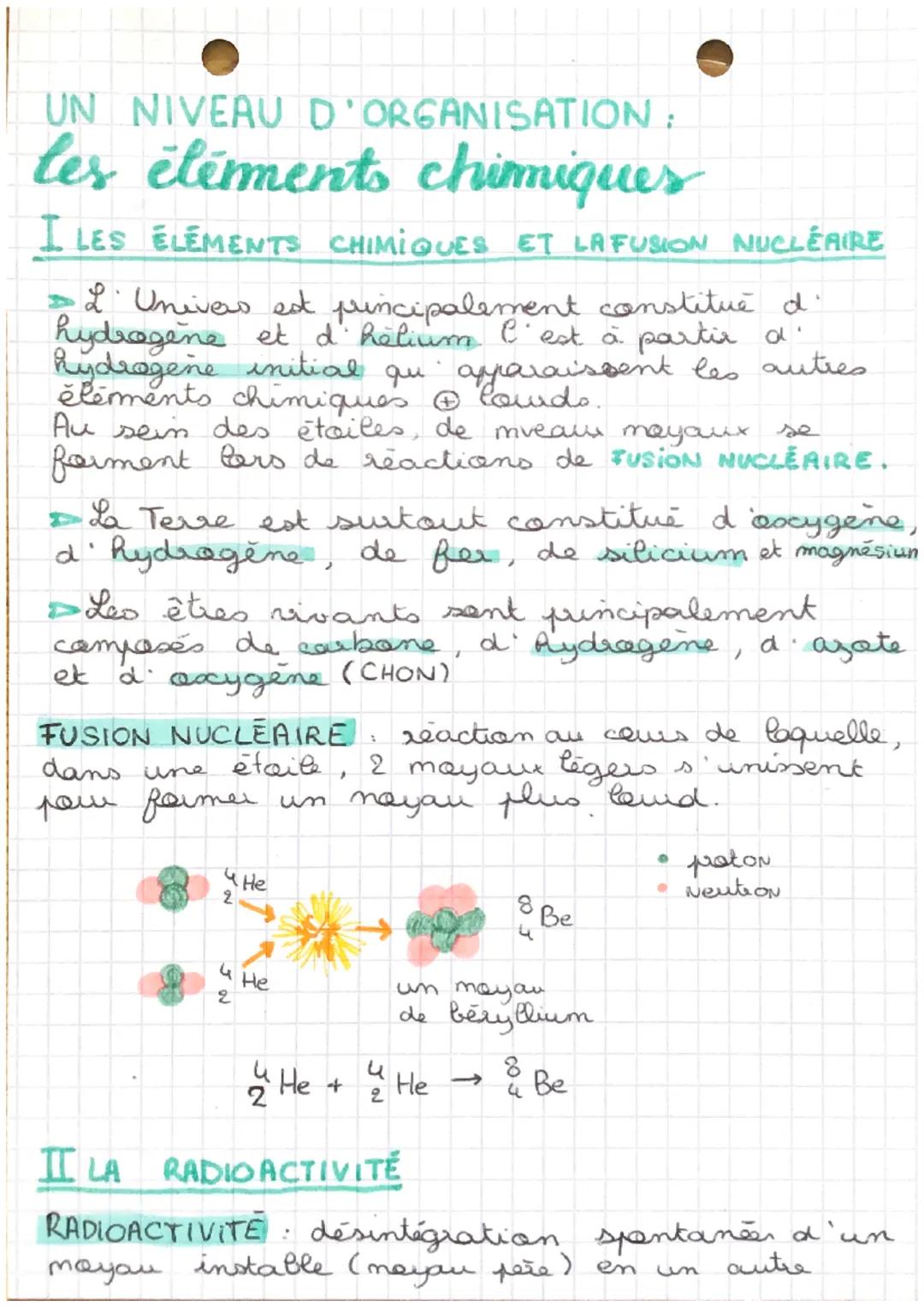 UN NIVEAU D'ORGANISATION:
les éléments chimiques
I LES ELEMENTS CHIMIQUES ET LA FUSION NUCLÉAIRE
= 2. Univers est principalement constitue d
