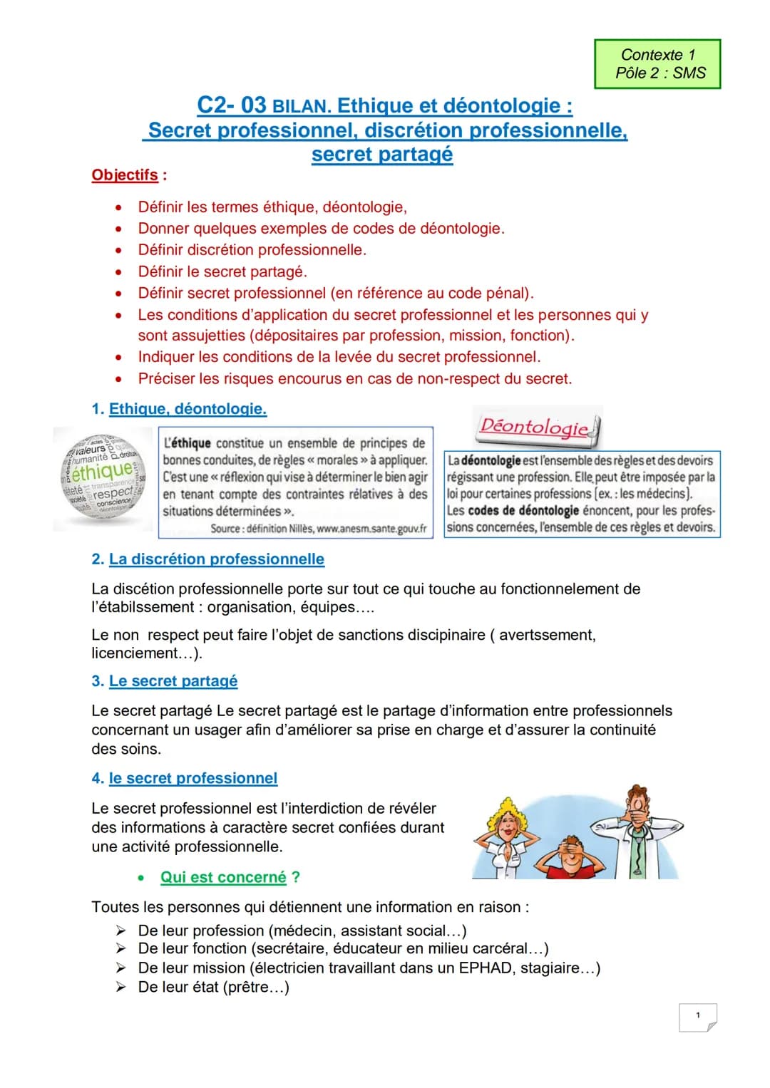 Objectifs :
●
Définir les termes éthique, déontologie,
Donner quelques exemples de codes de déontologie.
Définir discrétion professionnelle.