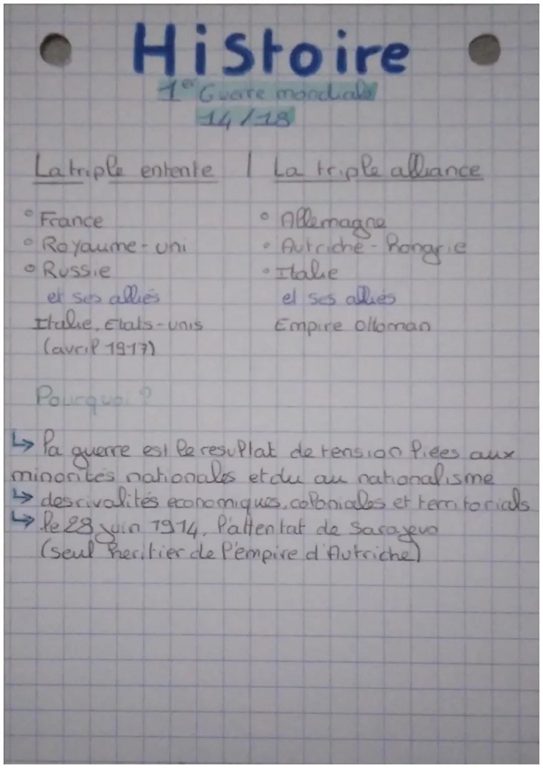C
Histoire
1° Guerre mancial
Latriple entente
France
• Royaume- uni
• Russie
et ses allies
Italie, Etats-Unis
(avril 1917)
La triple allianc