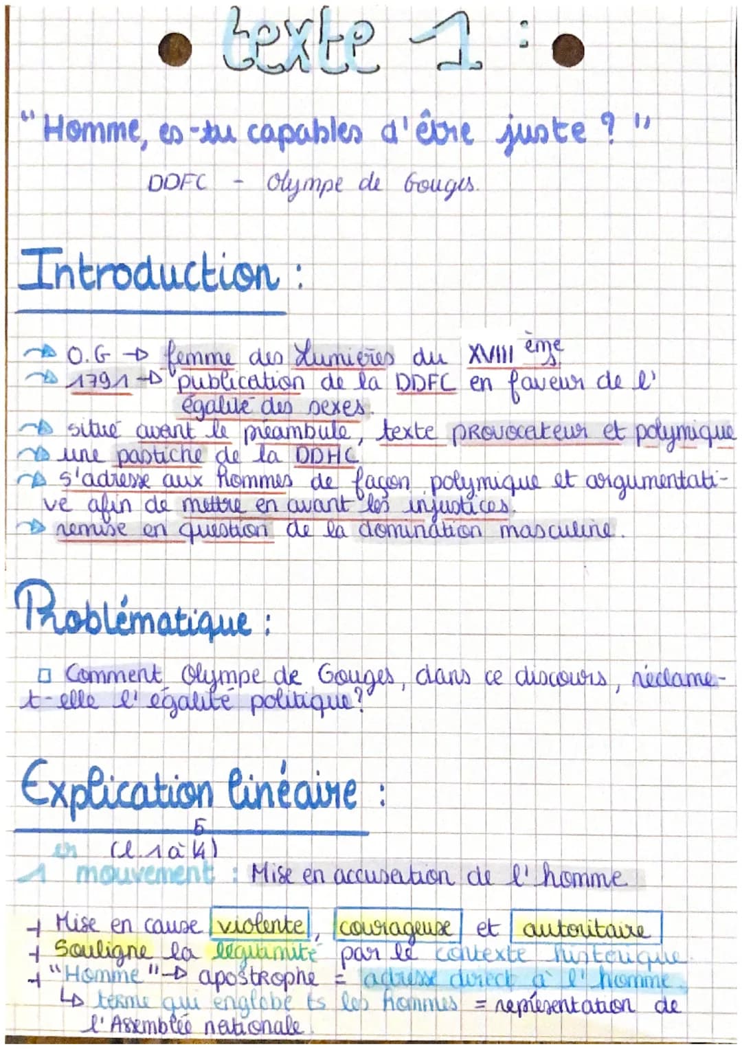 bexte 1:
'Homme, es-tu capables d'être juste ? "
DDFC
Olympe de Gouges.
-
Introduction:
O.G
femme des Lumières du XVIII ème
1791 - publicati