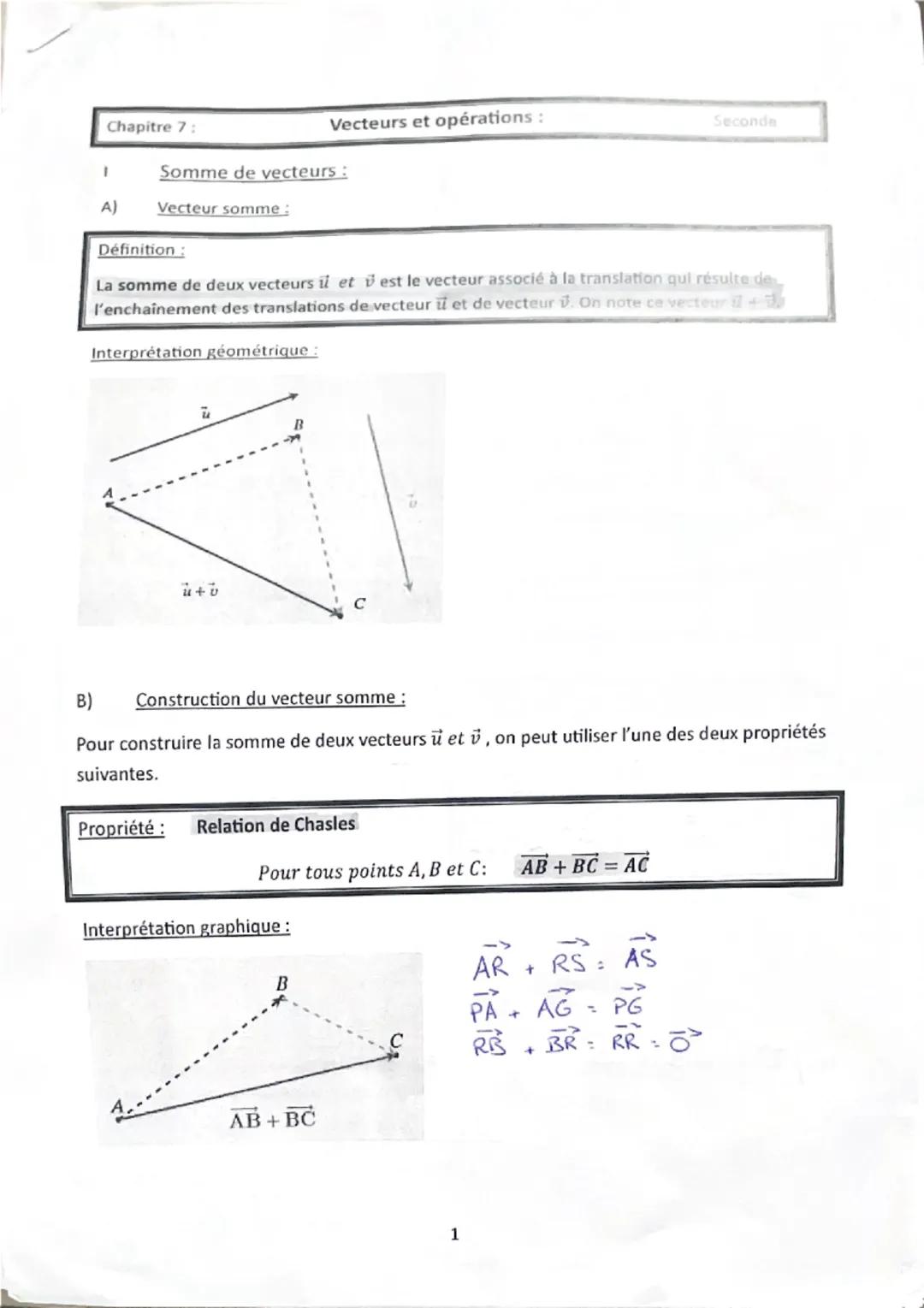 --- OCR Start ---
Chapitre 7:
Vecteurs et opérations:
Seconde
1
Somme de vecteurs:
A)
Vecteur somme:
Définition:
La somme de deux vecteurs $
