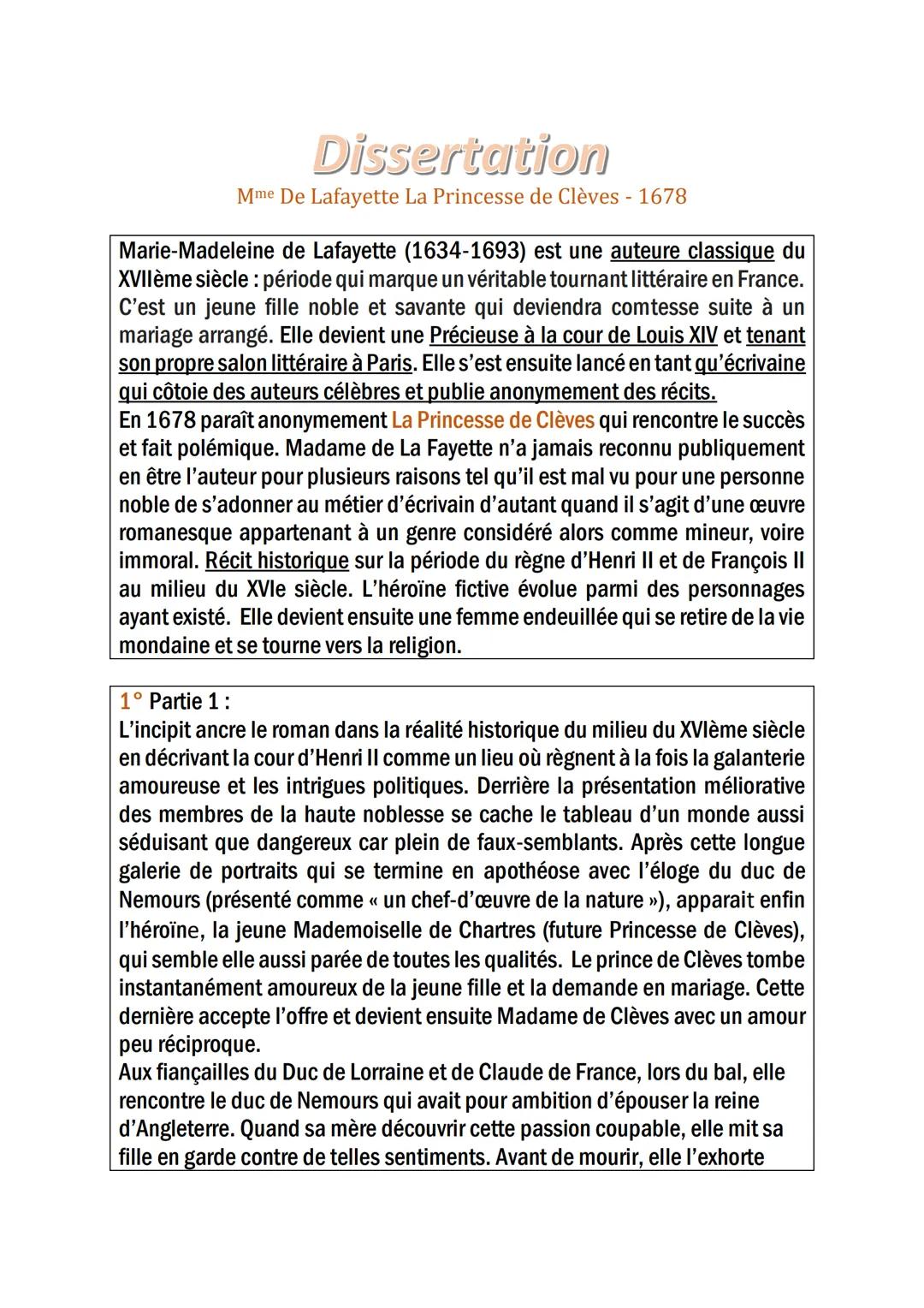 # Dissertation

Mme De Lafayette La Princesse de Clèves - 1678

Marie-Madeleine de Lafayette (1634-1693) est une auteure classique du
XVIIèm