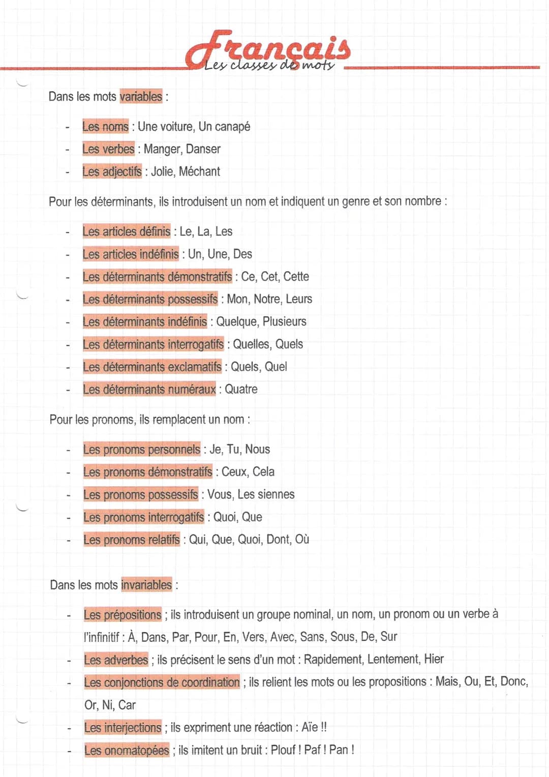 Dans les mots variables:
Les classes de mots
Les noms : Une voiture, Un canapé
Les verbes: Manger, Danser
Les adjectifs: Jolie, Méchant
Pour
