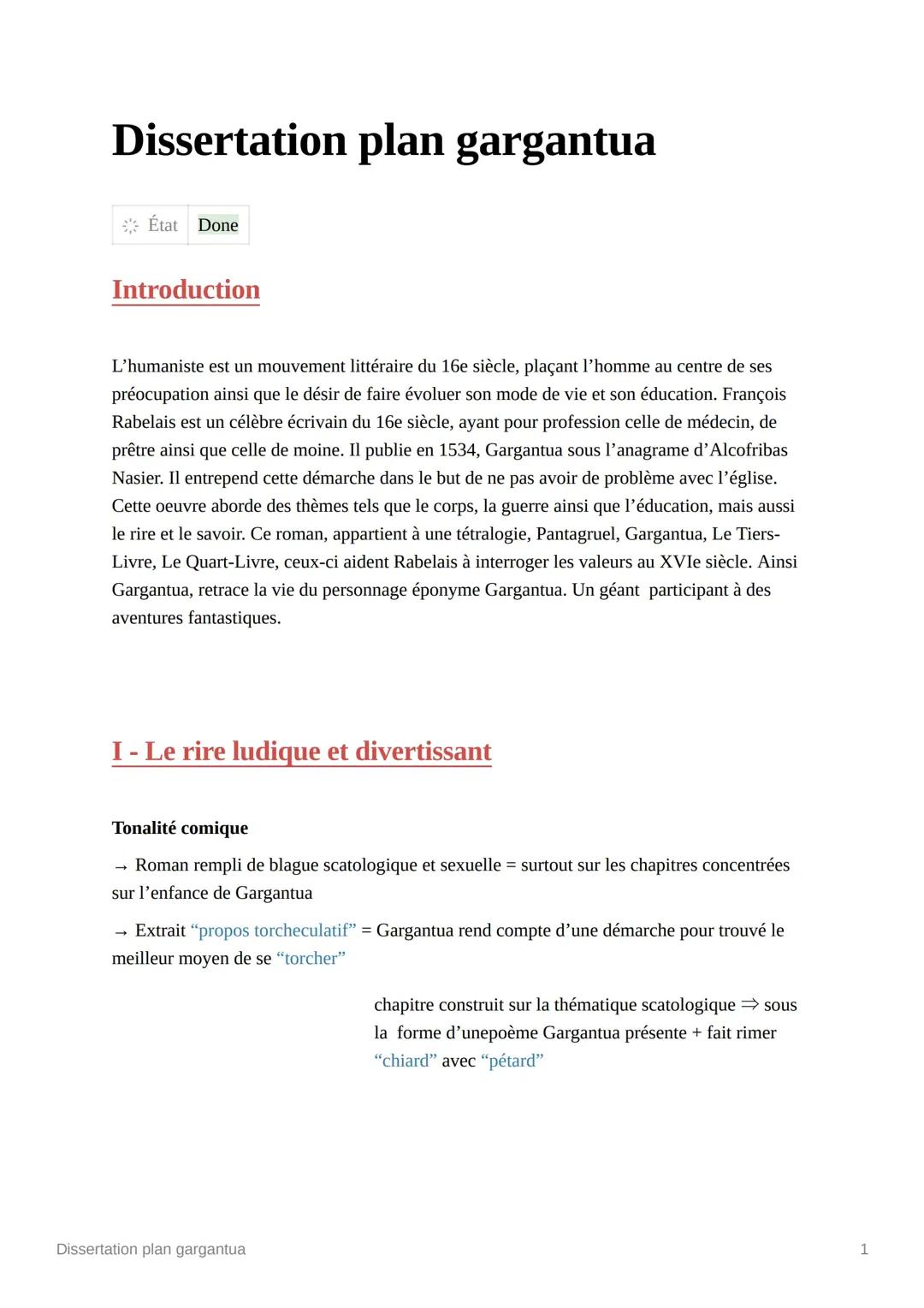 Dissertation Gargantua: Rire et Savoir - Plan et Exemples PDF