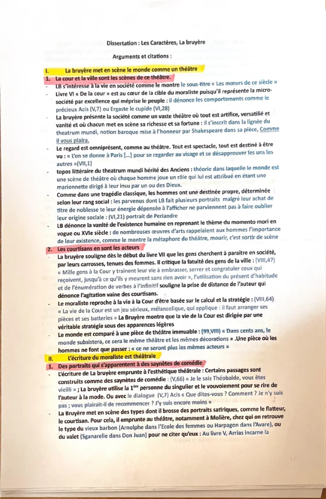 I.
Dissertation: Les Caractères, La bruyère
Arguments et citations:
La bruyère met en scène le monde comme un théâtre
1. La cour et la ville