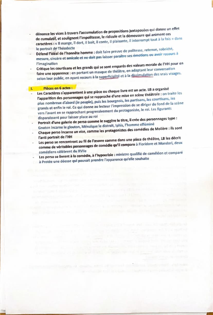 I.
Dissertation: Les Caractères, La bruyère
Arguments et citations:
La bruyère met en scène le monde comme un théâtre
1. La cour et la ville