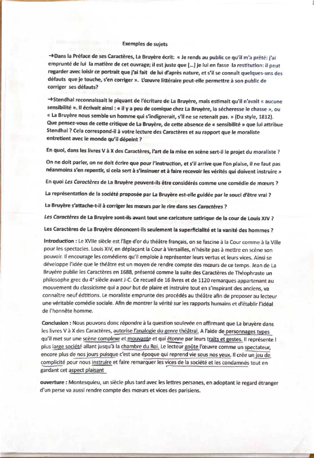I.
Dissertation: Les Caractères, La bruyère
Arguments et citations:
La bruyère met en scène le monde comme un théâtre
1. La cour et la ville
