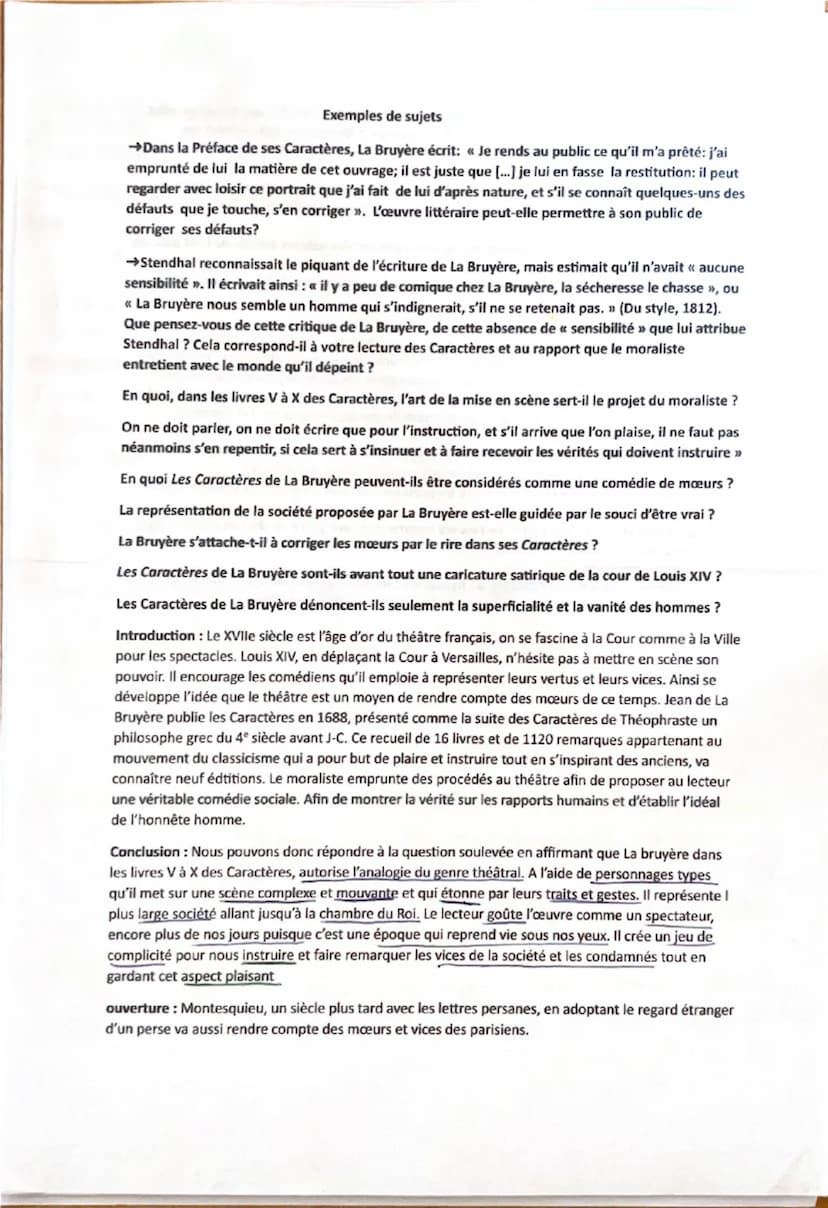 I.
Dissertation: Les Caractères, La bruyère
Arguments et citations:
La bruyère met en scène le monde comme un théâtre
1. La cour et la ville