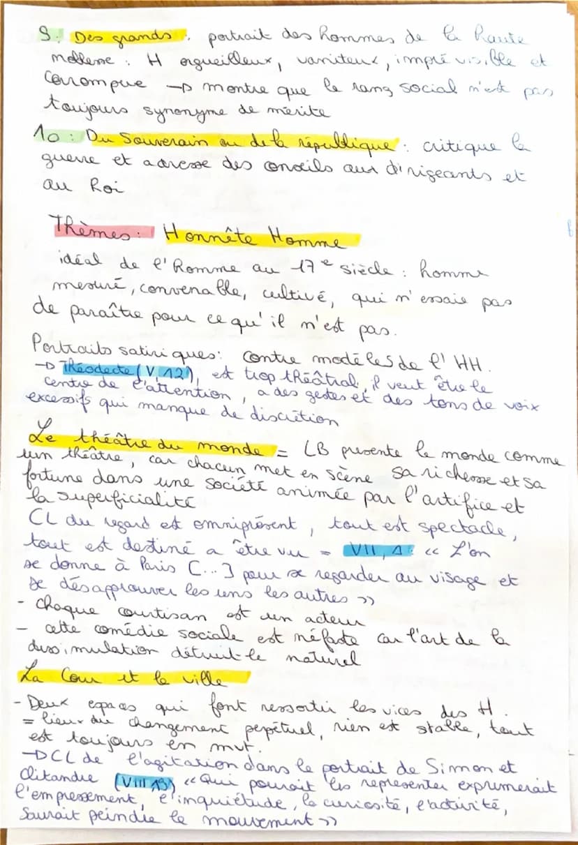 I.
Dissertation: Les Caractères, La bruyère
Arguments et citations:
La bruyère met en scène le monde comme un théâtre
1. La cour et la ville