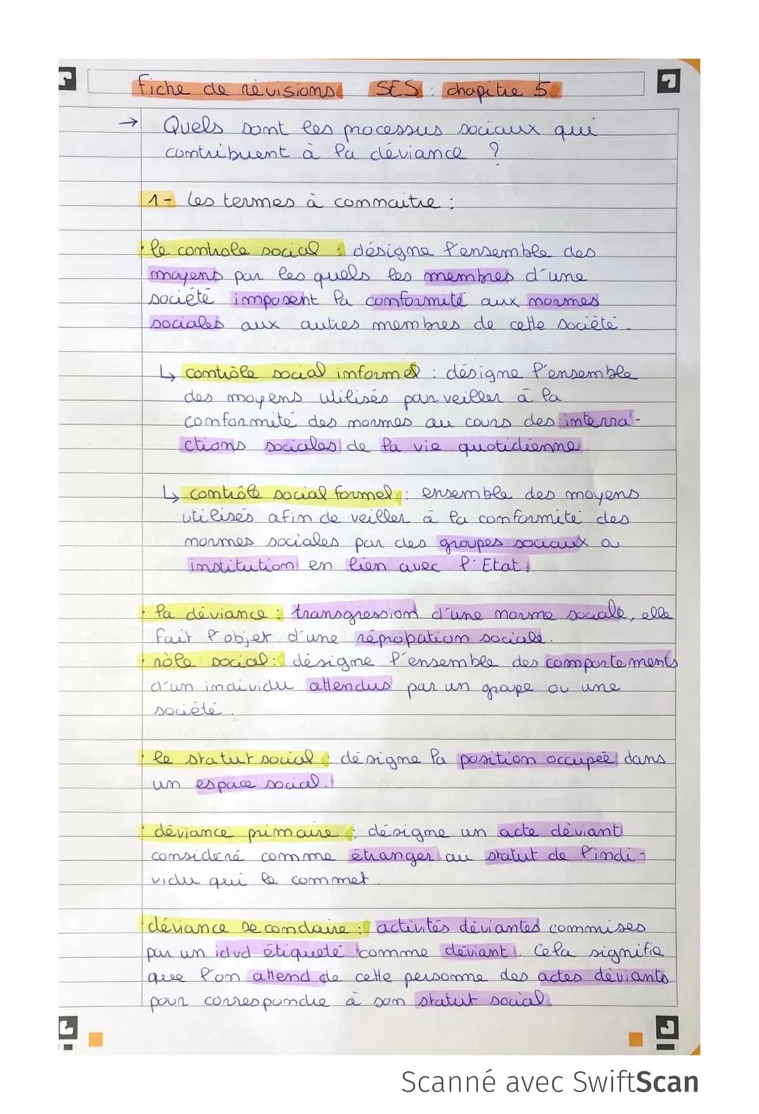 L
fiche de revisions.
SES: chapitie 50
Quels sont les processus sociaux qui
contribuent à Pa déviance ?
1- les termes à commaitre :
• le con