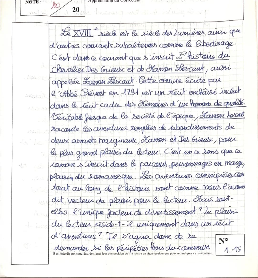 Dissertation Manon Lescaut 20/20, Bac de Français 