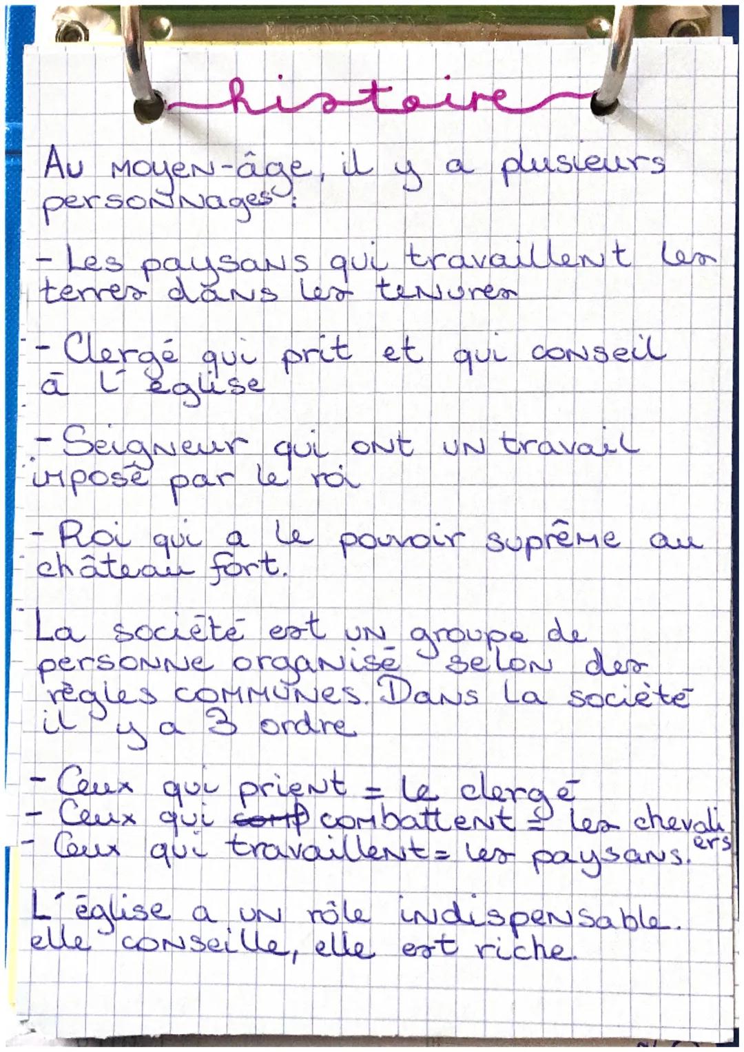 # histoire

Au Moyen-âge, il y a plusieurs
personnages

- Les paysans qui travaillent len
terres dans les tenuren

-- Clergé qui prit et qui