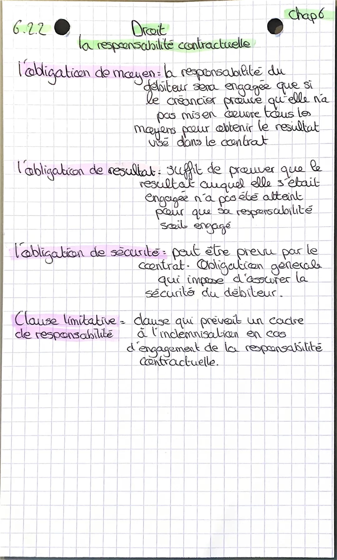 6.2.2
chapo
Droit
responsabilité contractuelle
l'obligation de mayen: la responsabilité du
debiteur sera engagée que si
créancier prouve qu'