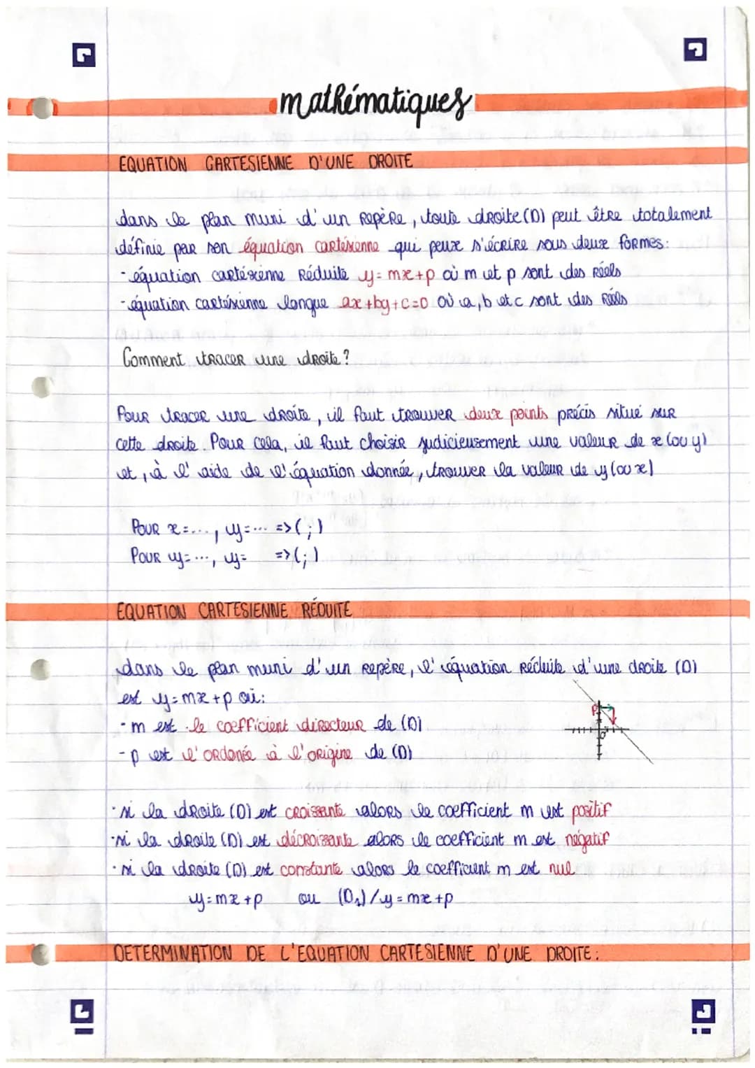 L
º
mathématiques
EQUATION GARTESIENNE D'UNE DROITE
dans le plan muni d'un repère, toute droite (1) peut être totalement
définie par son équ
