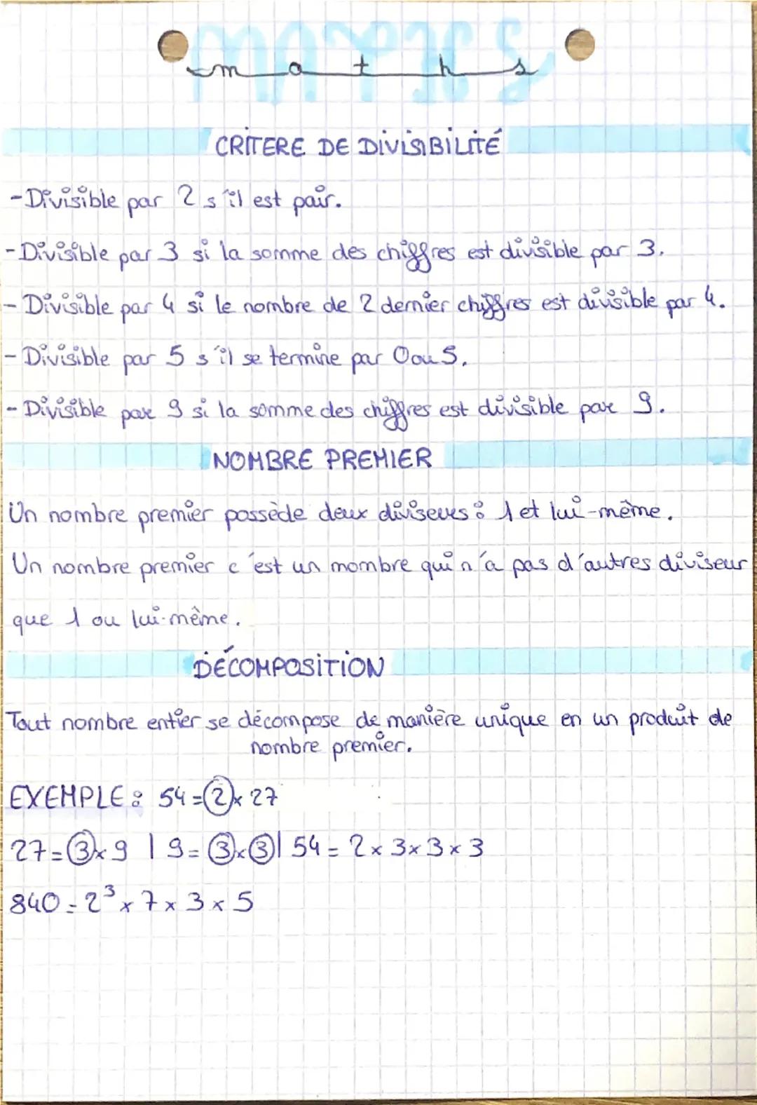 --- OCR Start ---
maths
CRITERE DE DIVISIBILITÉ
-Divisible par 2 s'il est pair.
-Divisible par 3 si la somme des chiffres est divisible par 