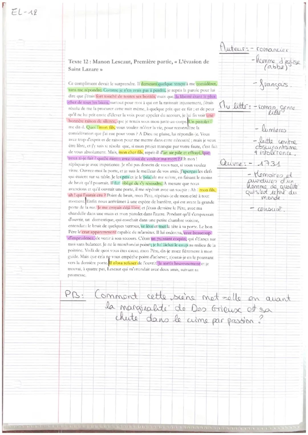 EL-12

Texte 12: Manon Lescaut, Première partie, « L'évasion de
Saint Lazare >>>

Ce compliment devait le surprendre. Il demeura quelque tem
