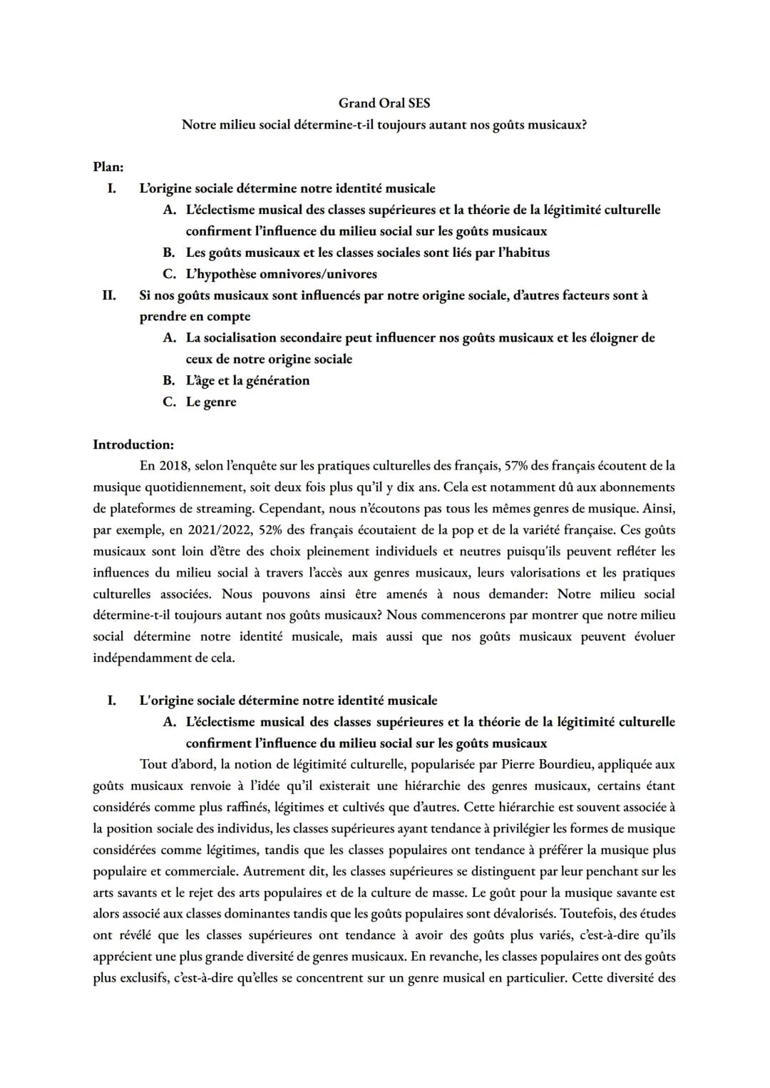 Grand Oral SES
Notre milieu social détermine-t-il toujours autant nos goûts musicaux?
Plan:
I.
II.
L'origine sociale détermine notre identit