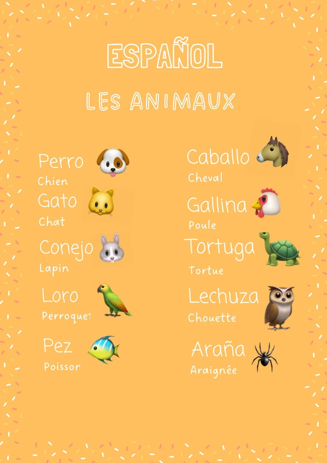 Perro
Chien
Gato
Chat
ESPAÑOL
LES ANIMAUX
Conejo
Lapin
Loro
Perroquet
Pez
Poisson
Caballo
Cheval
Gallina
Poule
Tortuga
Tortue
Lechuza
Chouet