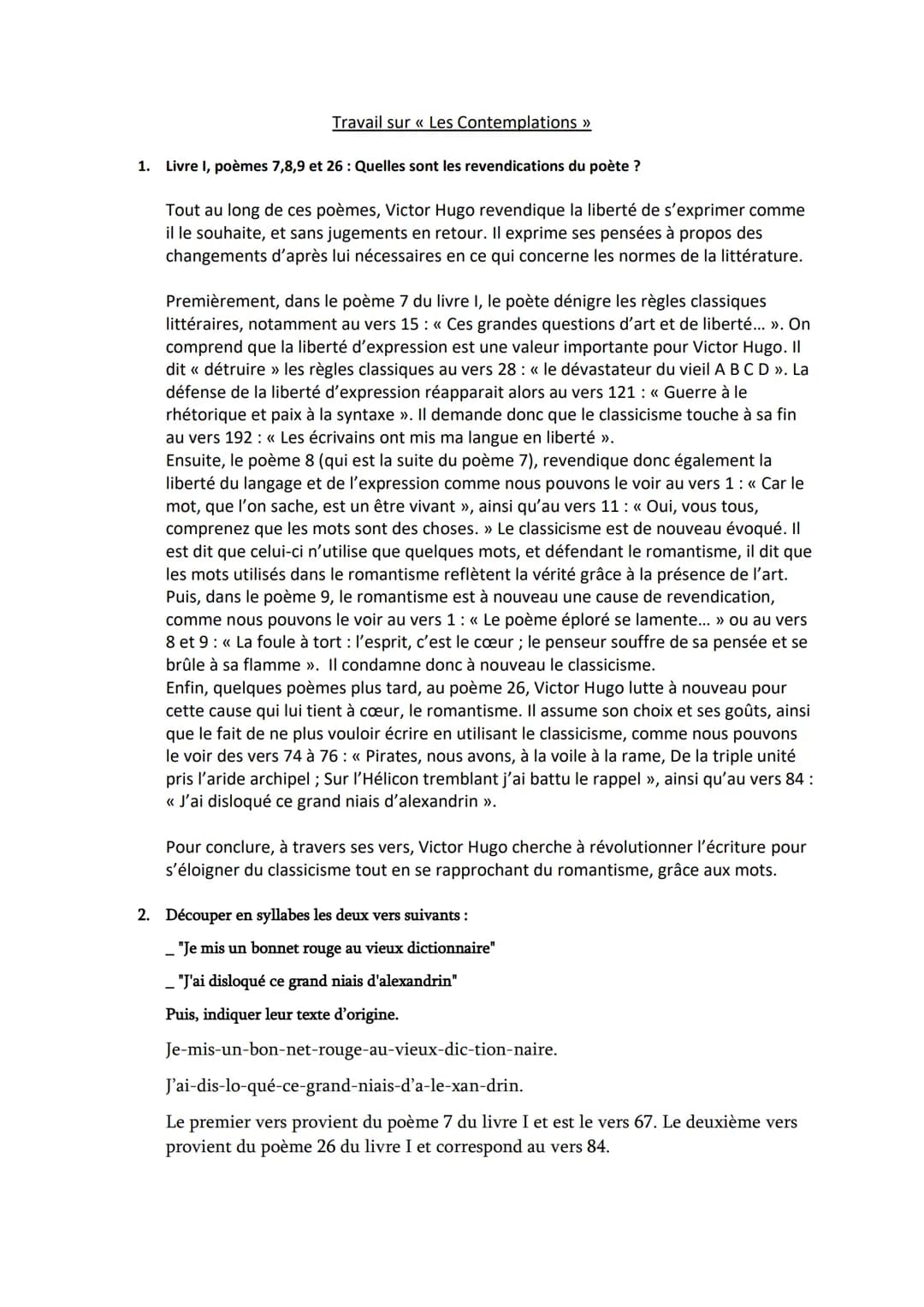 Travail sur « Les Contemplations >>
1. Livre I, poèmes 7,8,9 et 26 : Quelles sont les revendications du poète ?
Tout au long de ces poèmes, 